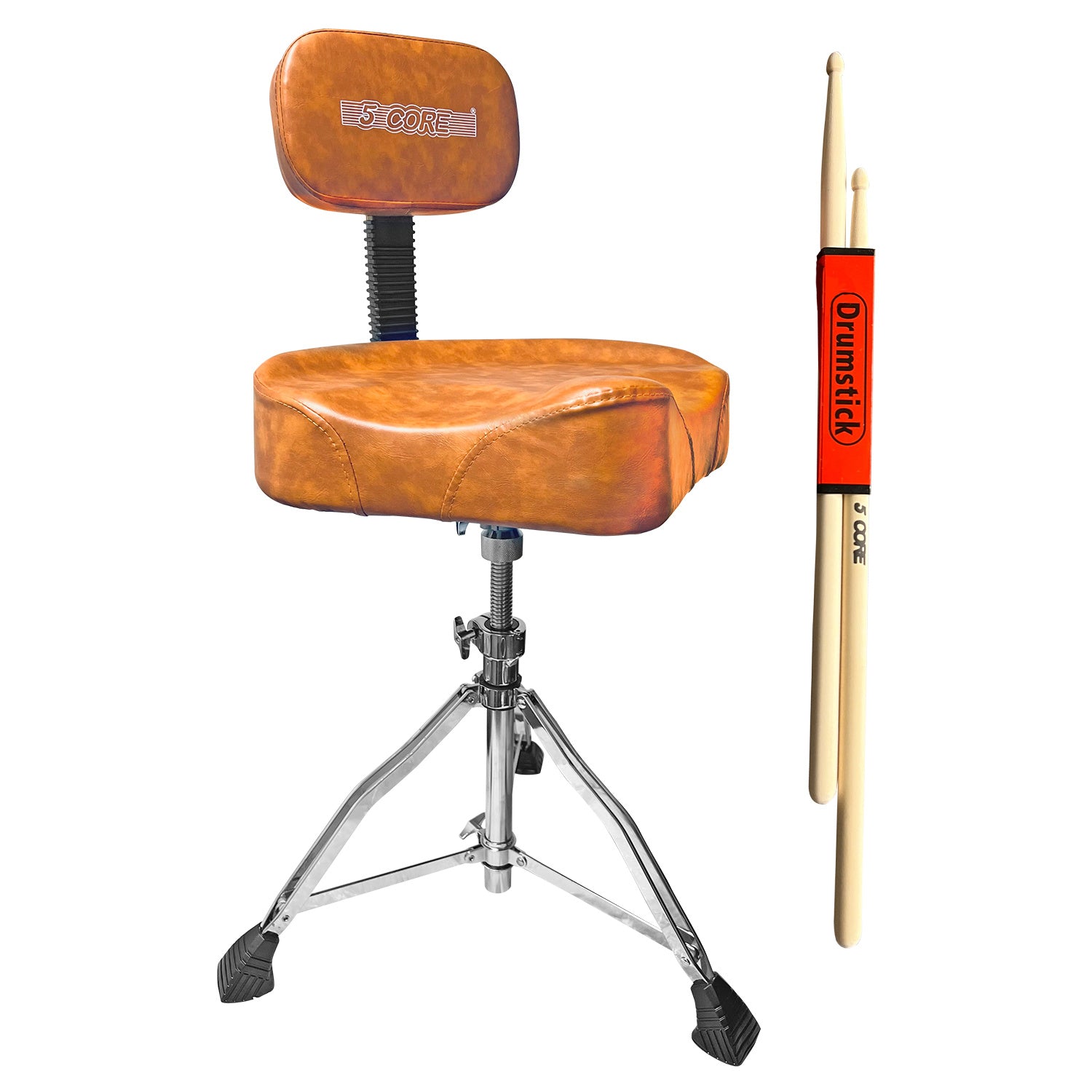 5 CORE Drum Throne with Backrest Brown Thick Padded Saddle Drum Seat Comfortable Motorcycle Style Drum Chair Stool Height Adjustable Double Braced Tripod Legs for Drummers - DS CH BR REST