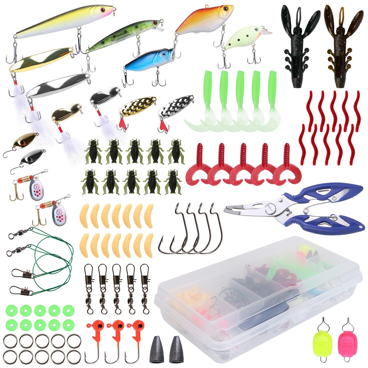 101Pcs Fishing Lures Kit Soft Plastic Fishing Baits Set Spoon Fishing Gear Tackle with Soft Worms Crankbaits Box