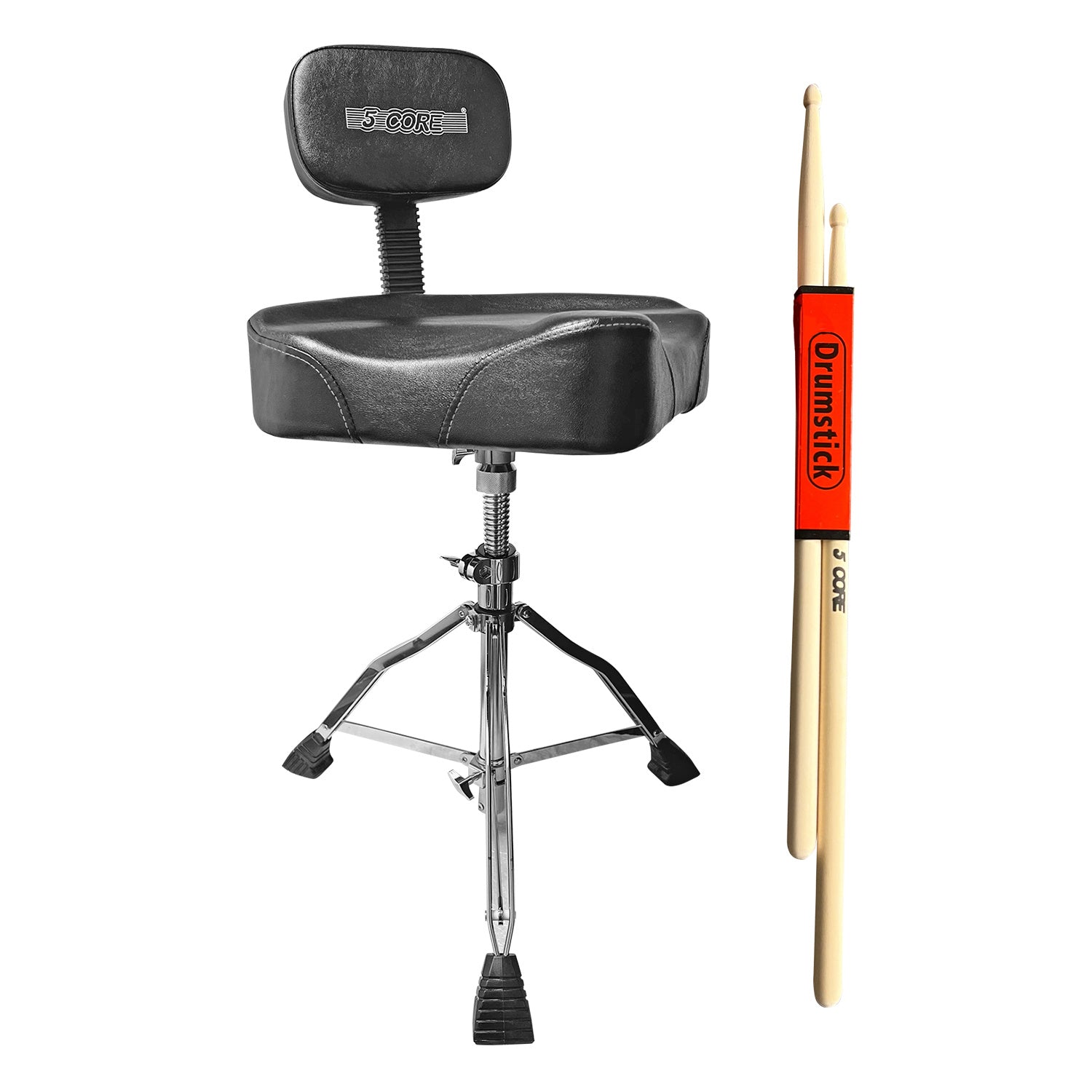 5 CORE Drum Throne with Backrest Black Thick Padded Saddle Drum Seat Comfortable Motorcycle Style Drum Chair Stool Height Adjustable Double Braced Tri