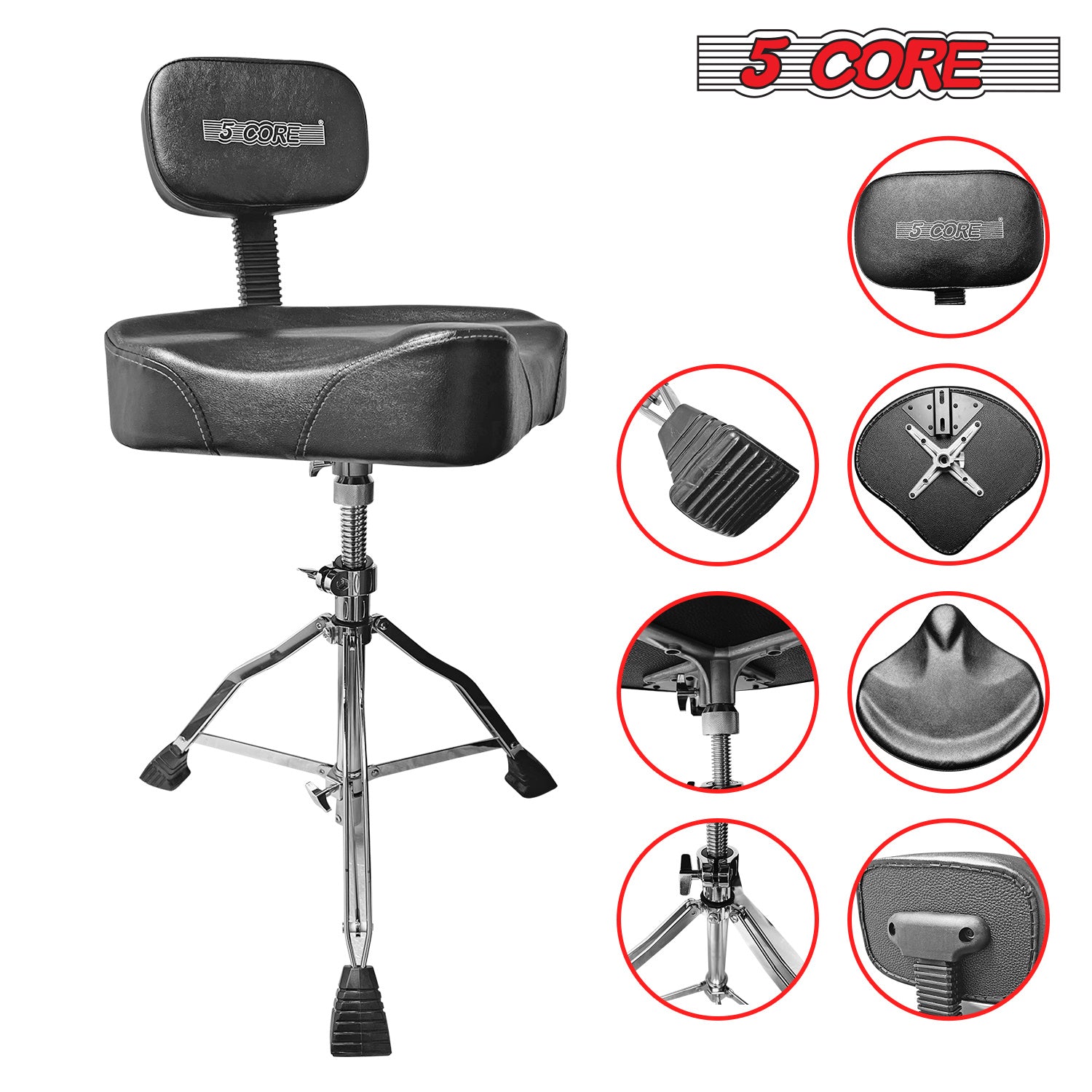 5 CORE Drum Throne with Backrest Black Thick Padded Saddle Drum Seat Comfortable Motorcycle Style Drum Chair Stool Height Adjustable Double Braced Tri