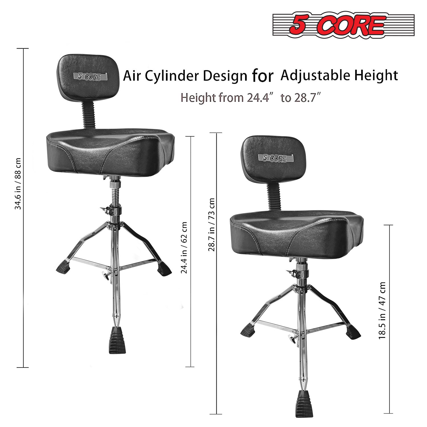 5 CORE Drum Throne with Backrest Black Thick Padded Saddle Drum Seat Comfortable Motorcycle Style Drum Chair Stool Height Adjustable Double Braced Tri