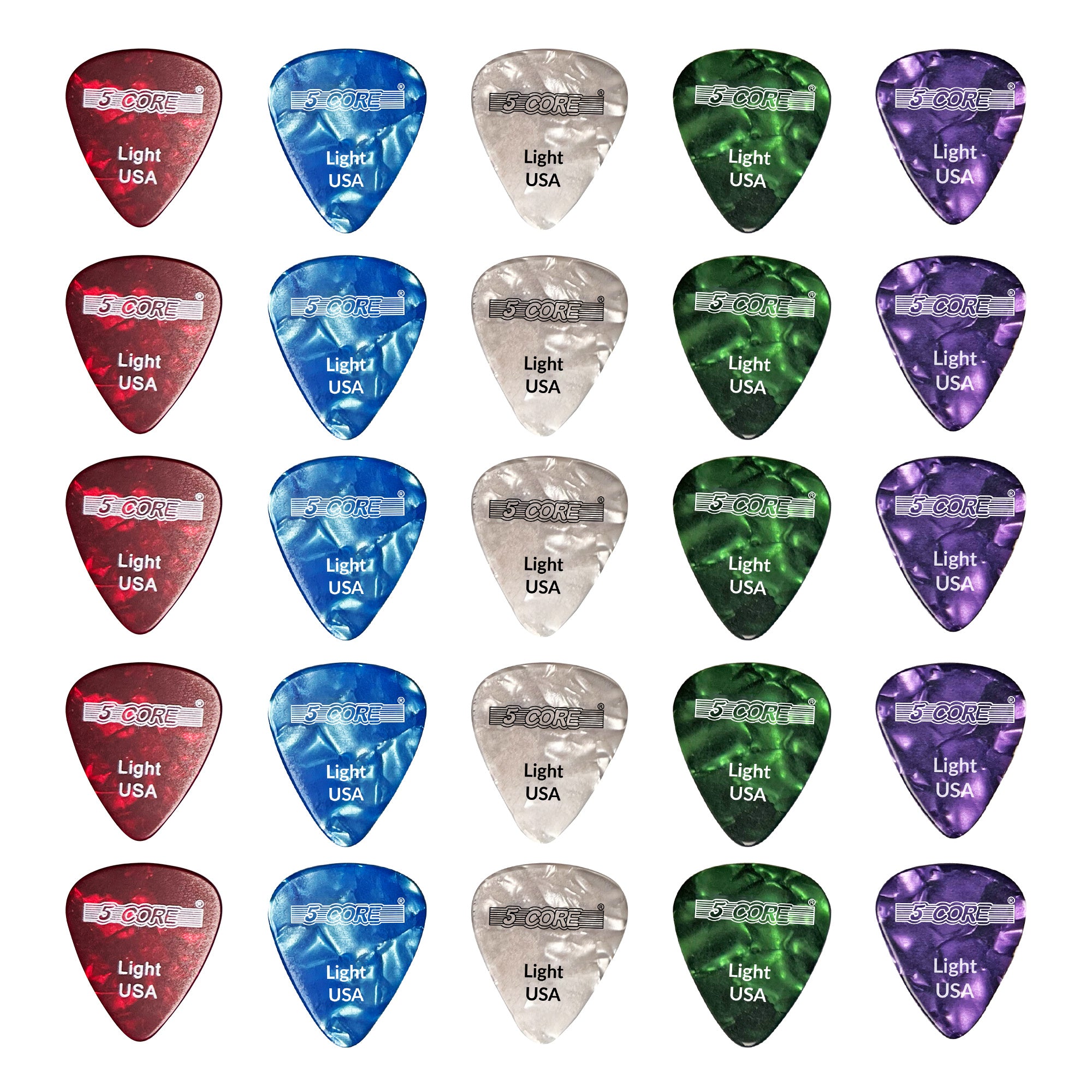 5 Core Guitar Picks 20 Pcs | Guitar Pick for Bass, Electric, Acoustic| Light Gauge Durable Premium Celluloid Guitar Picks 0.46mm| 4xRed, 4xGreen, 4xWhite, 4xPurple, 4xBlue- G PICK L RGWPB 20PK
