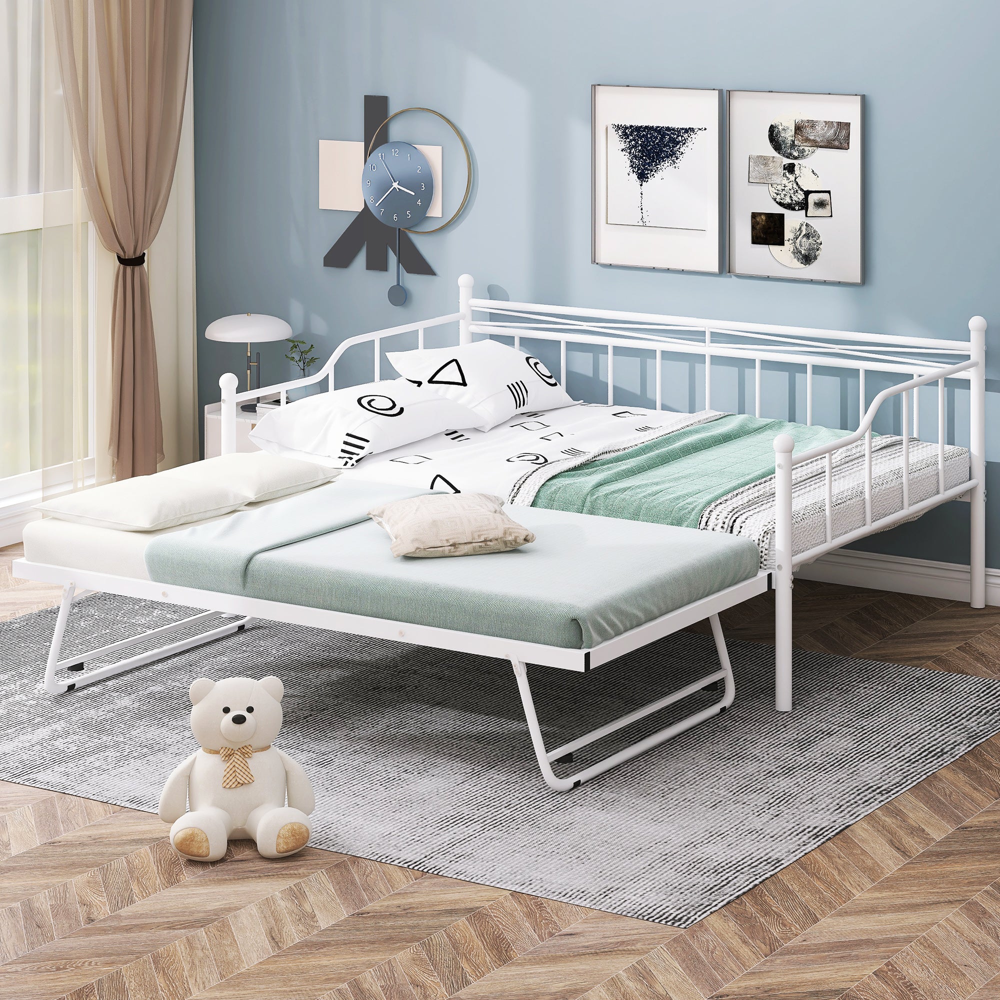 Full Size Metal Daybed with Twin Size Adjustable Trundle, Portable Folding Trundle, White(OLD SKU:MF293736AAK)