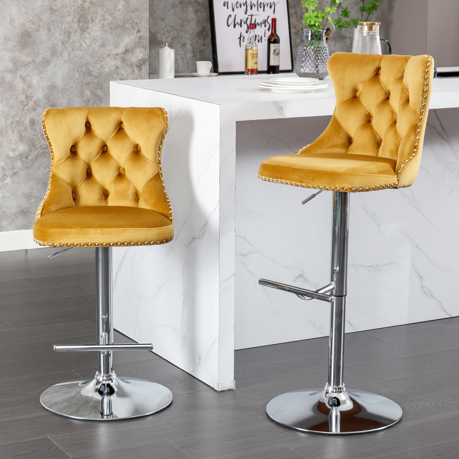 A&A Furniture,Swivel Velvet Barstools Adjusatble Seat Height from 25-33 Inch, Modern Upholstered Chrome base Bar Stools with Backs Comfortable Tufted for Home Pub and Kitchen Island(Gold,Set of 2)