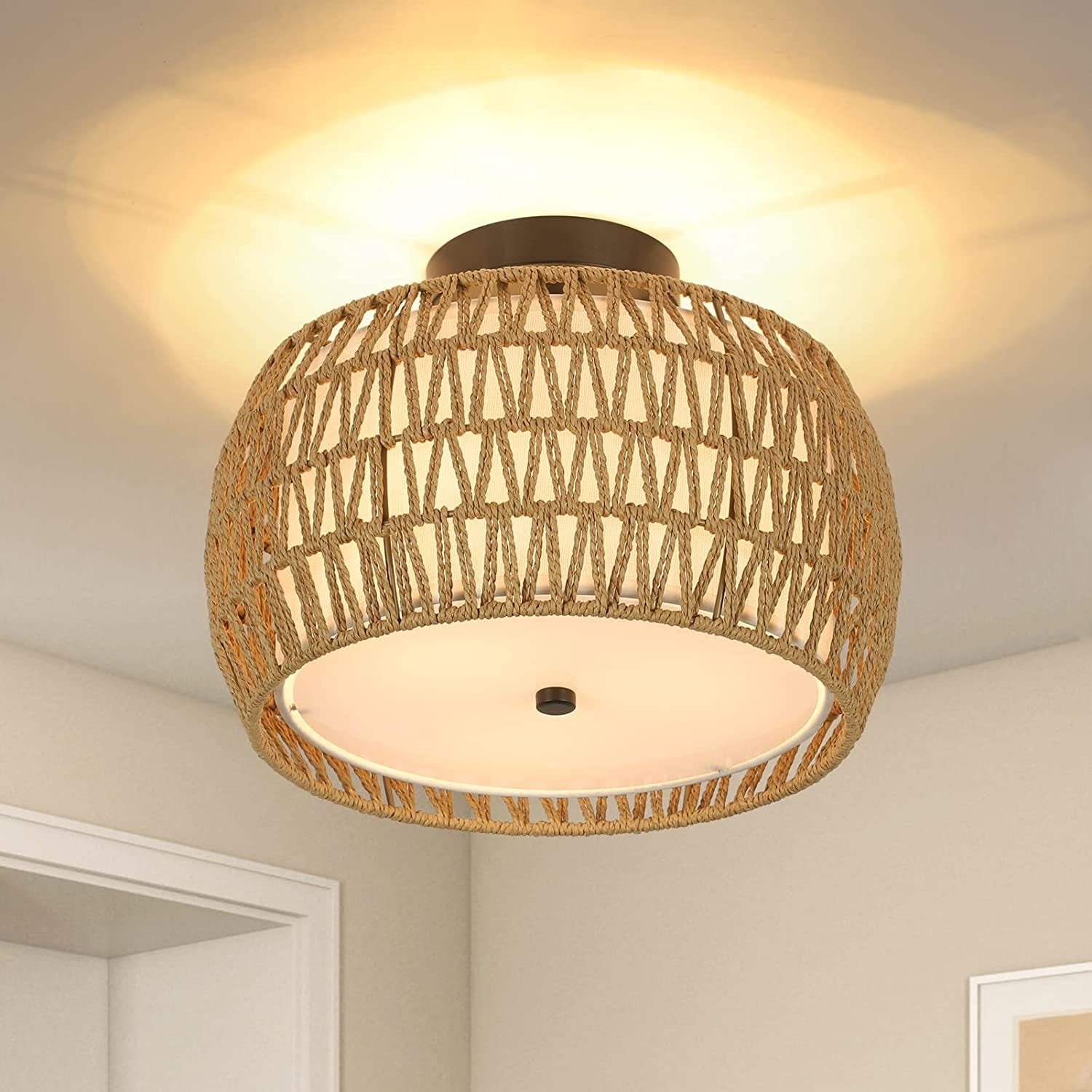 3-Light Woven Rattan Semi Flush Mount Ceiling Light