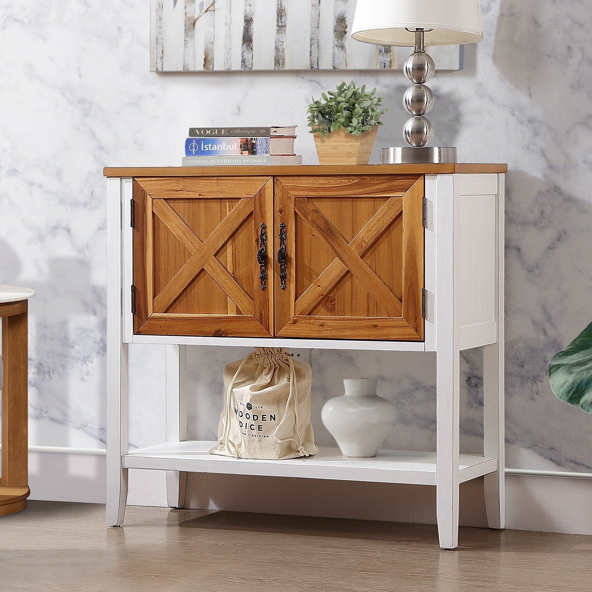 35''Farmhouse Wood Buffet Sideboard Console Table with Bottom Shelf and 2-Door Cabinet, for Living Room, Entryway,Kitchen Dining Room Furniture (Antique White + Natural Acacia Top & Door)