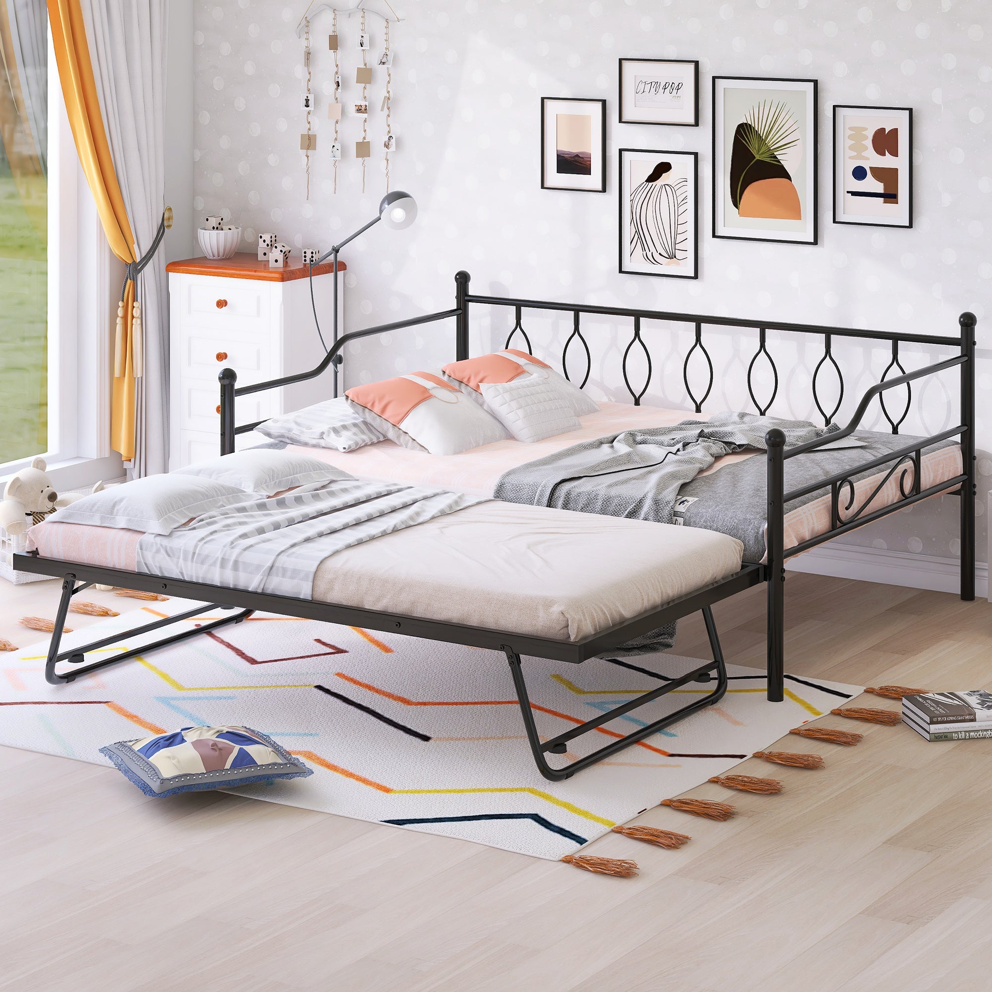 Full Size Metal Daybed with Twin Size Adjustable Trundle, Portable Folding Trundle, Black(OLD SKU:MF293730AAB)