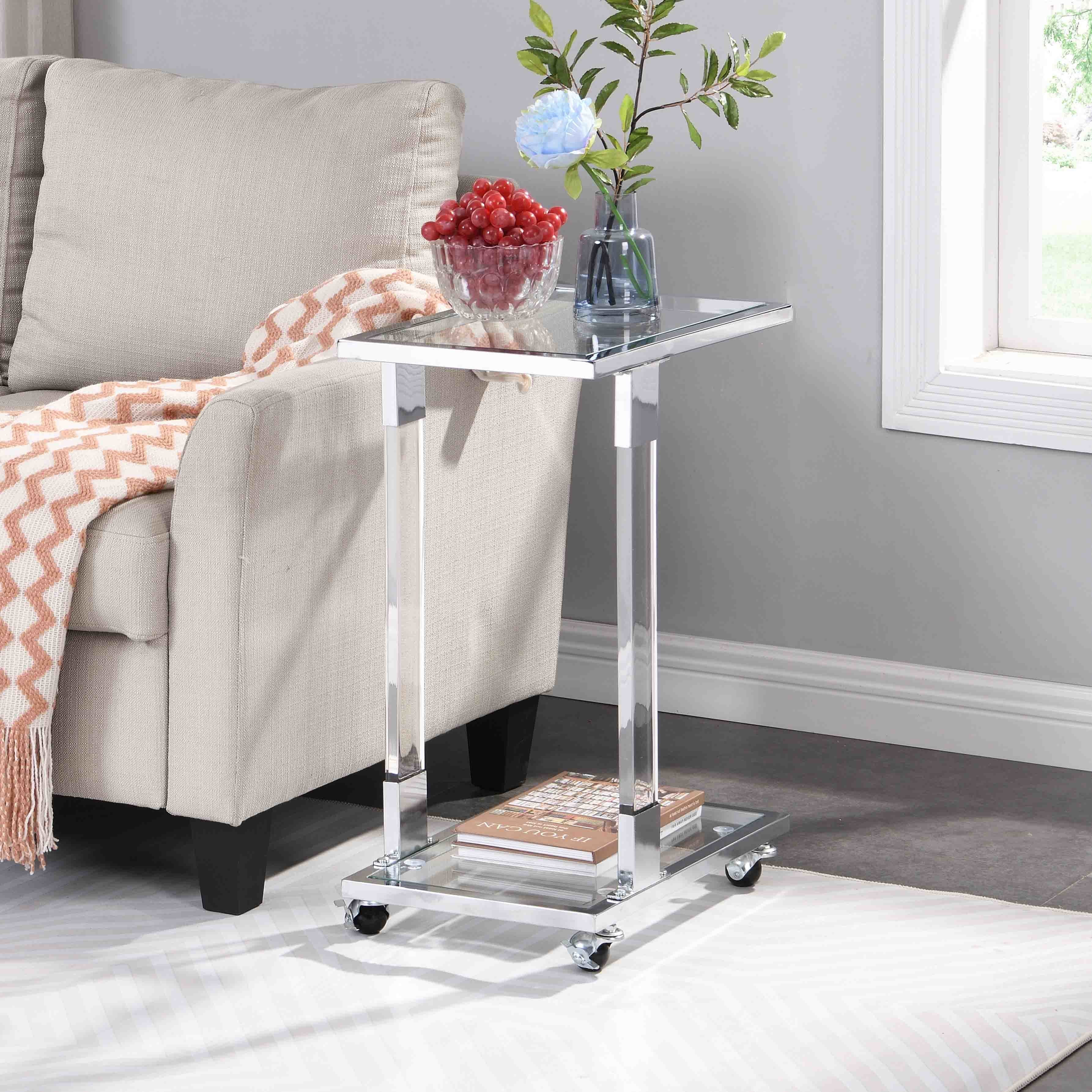 W82153573 Chrome Glass Side Table, Acrylic End Table, Glass Top C Shape Square Table with Metal Base for Living Room, Bedroom, Balcony Home and Office