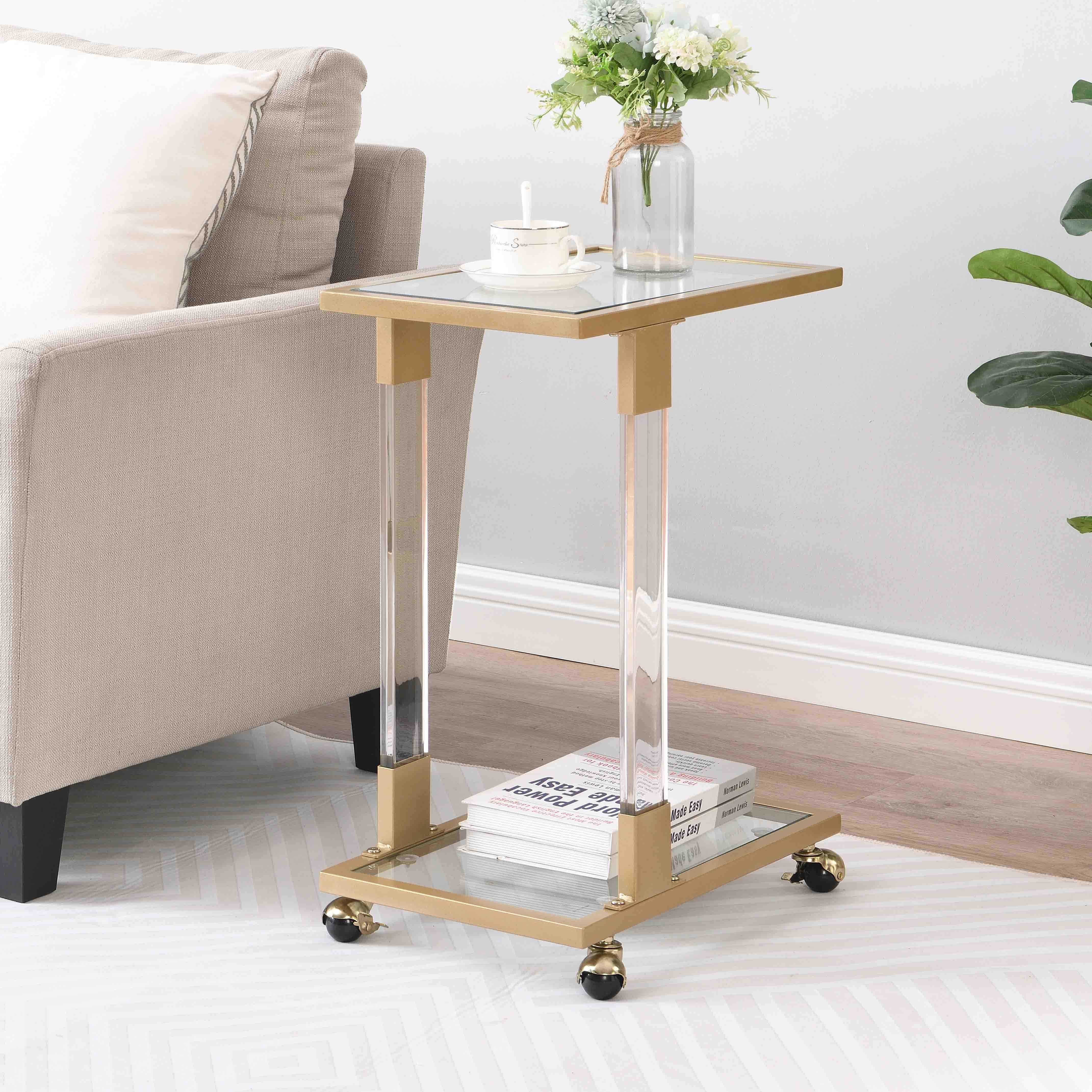 W82153574 Golden Side Table, Acrylic Sofa Table, Glass Top C Shape Square Table with Metal Base for Living Room, Bedroom, Balcony Home and Office