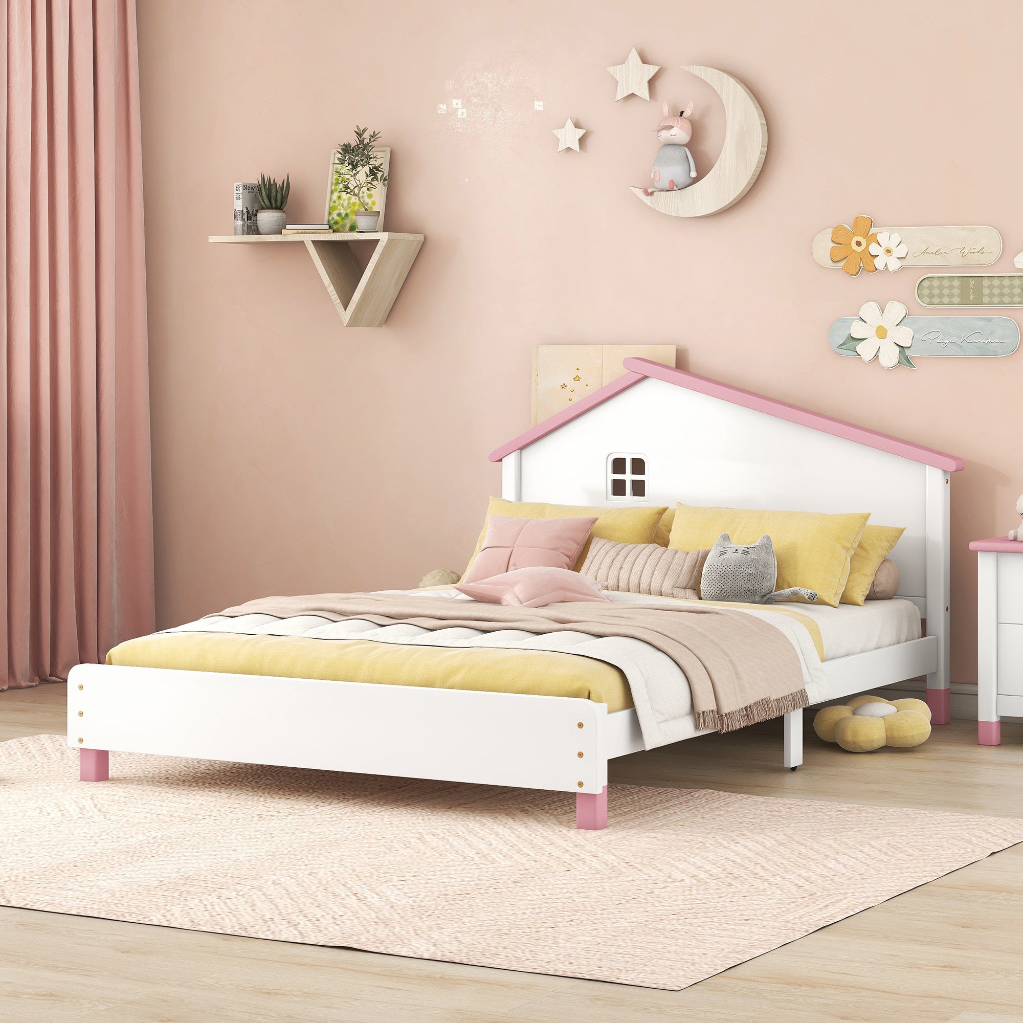 Full Size Wood Platform Bed with House-shaped Headboard (White+Pink)