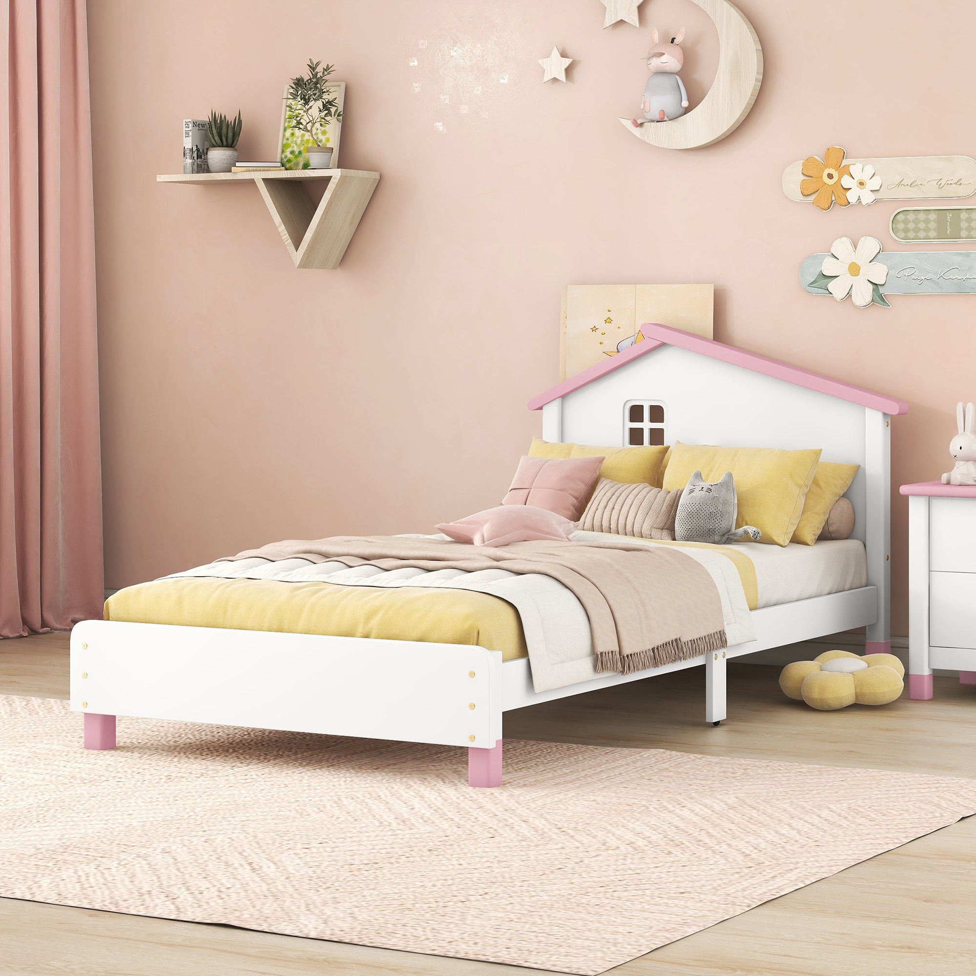 Twin Size Wood Platform Bed with House-shaped Headboard (White+Pink)