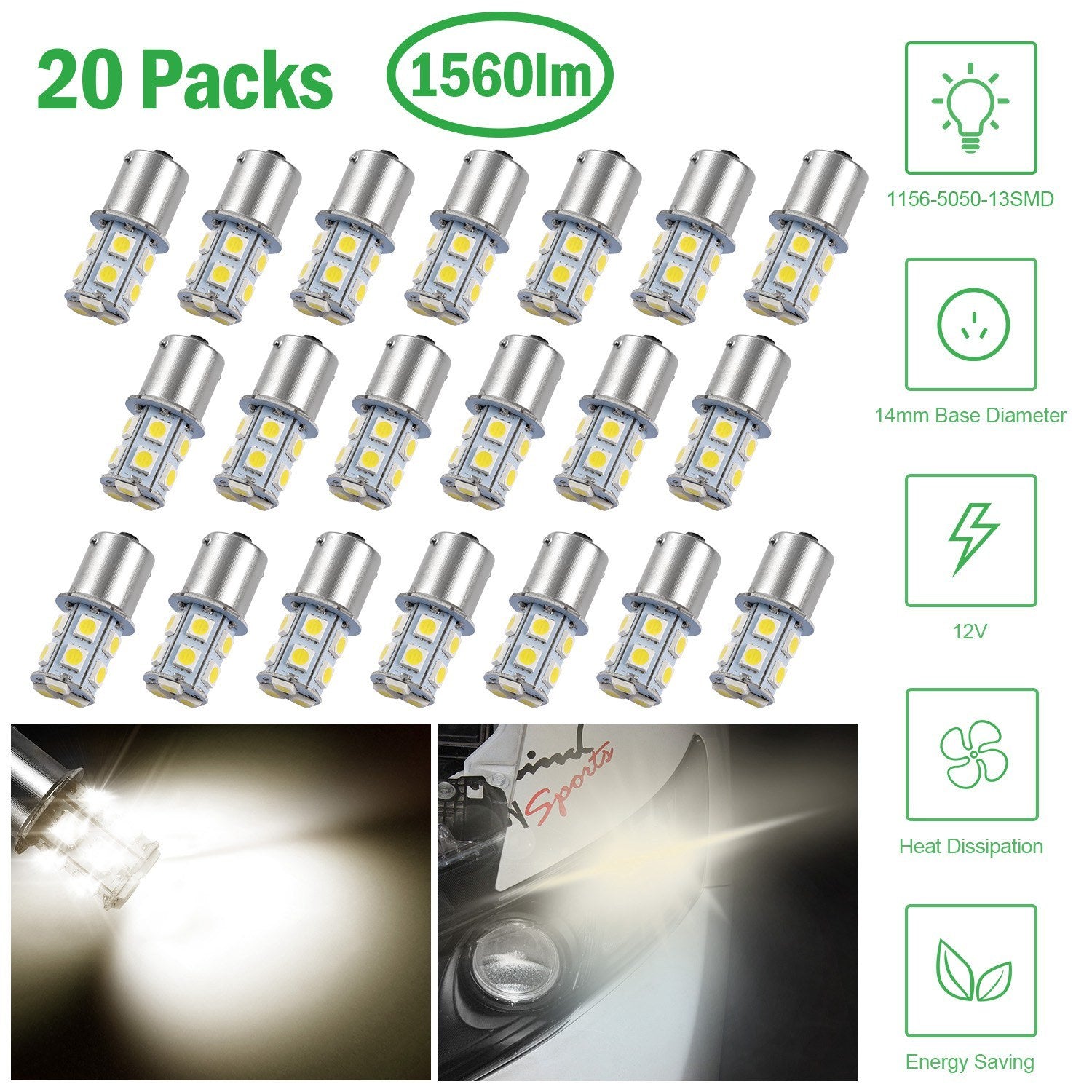 20Pcs 12V Car Light Bulbs 4500K 14MM Aluminum Alloy Turn Signal Light