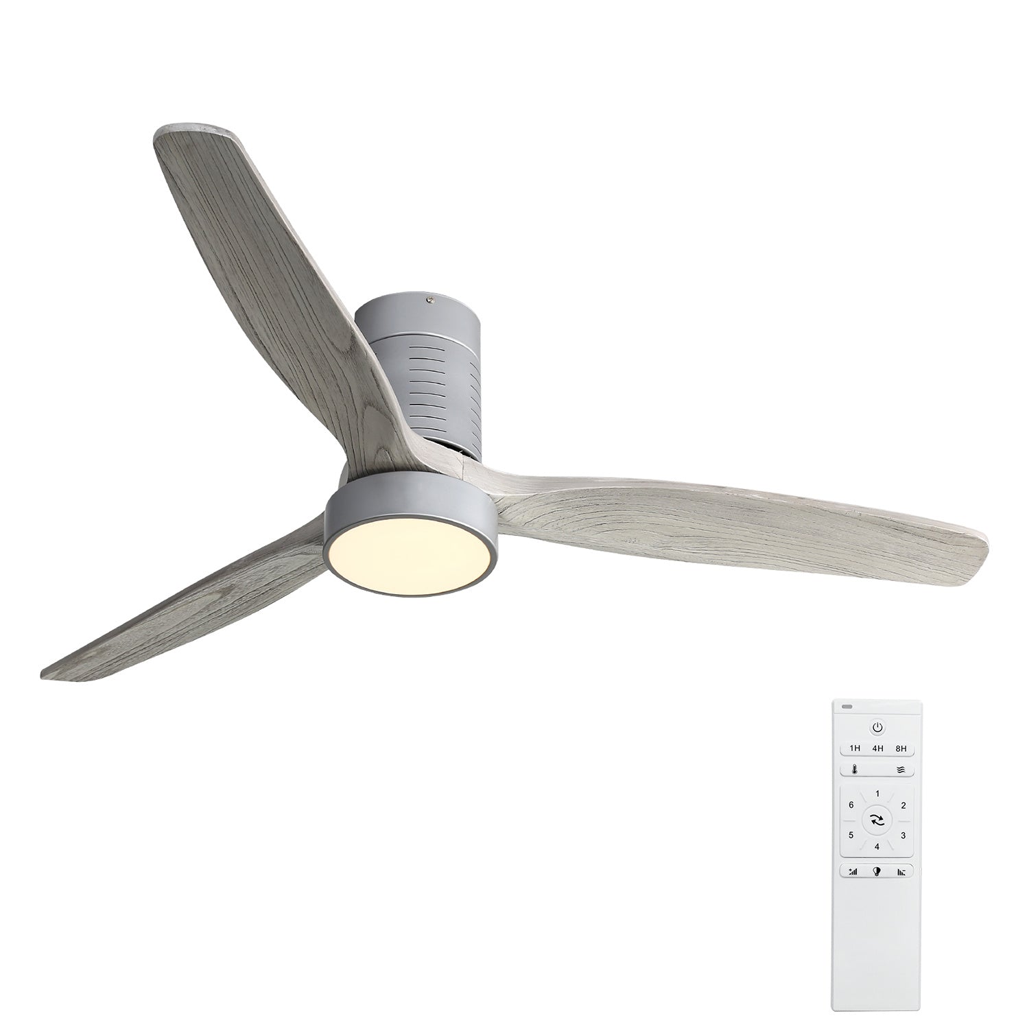 52 Inch 18W LED Ceiling Fan With Dimmable 6 Speed Remote Silver 3 Solid Wood Blade Reversible DC Motor For Living Room