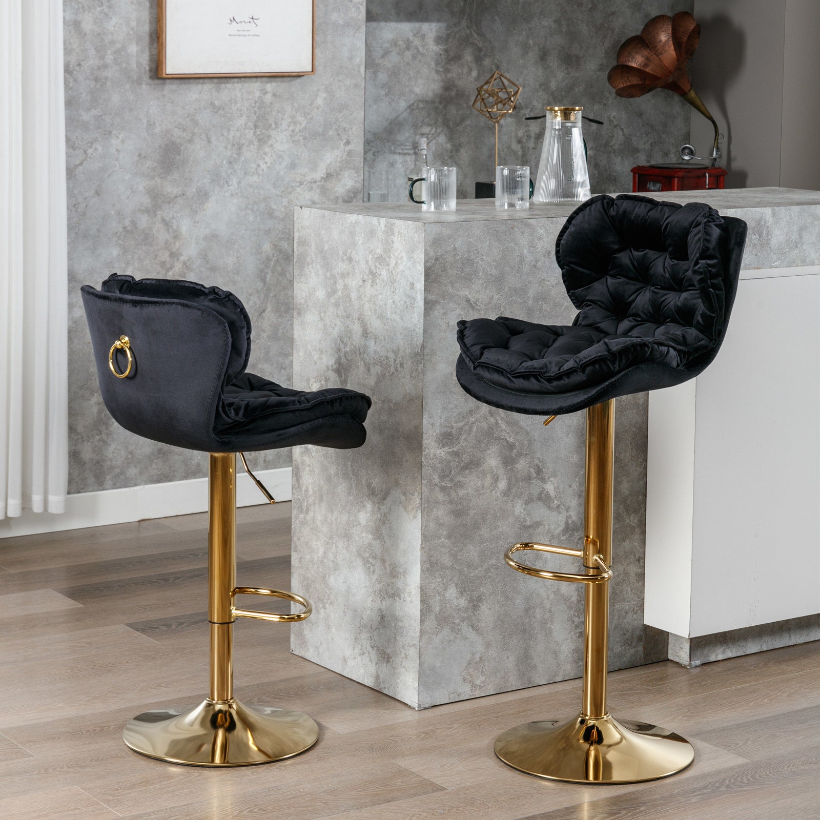 A&A Furniture,Swivel Bar Stools Set of 2, Velvet Counter Height Adjustable Barstools, Dining Bar Chairs Upholstered Modern Bar Stool for Kitchen Island, Cafe, Bar Counter, Dining Room(Black)