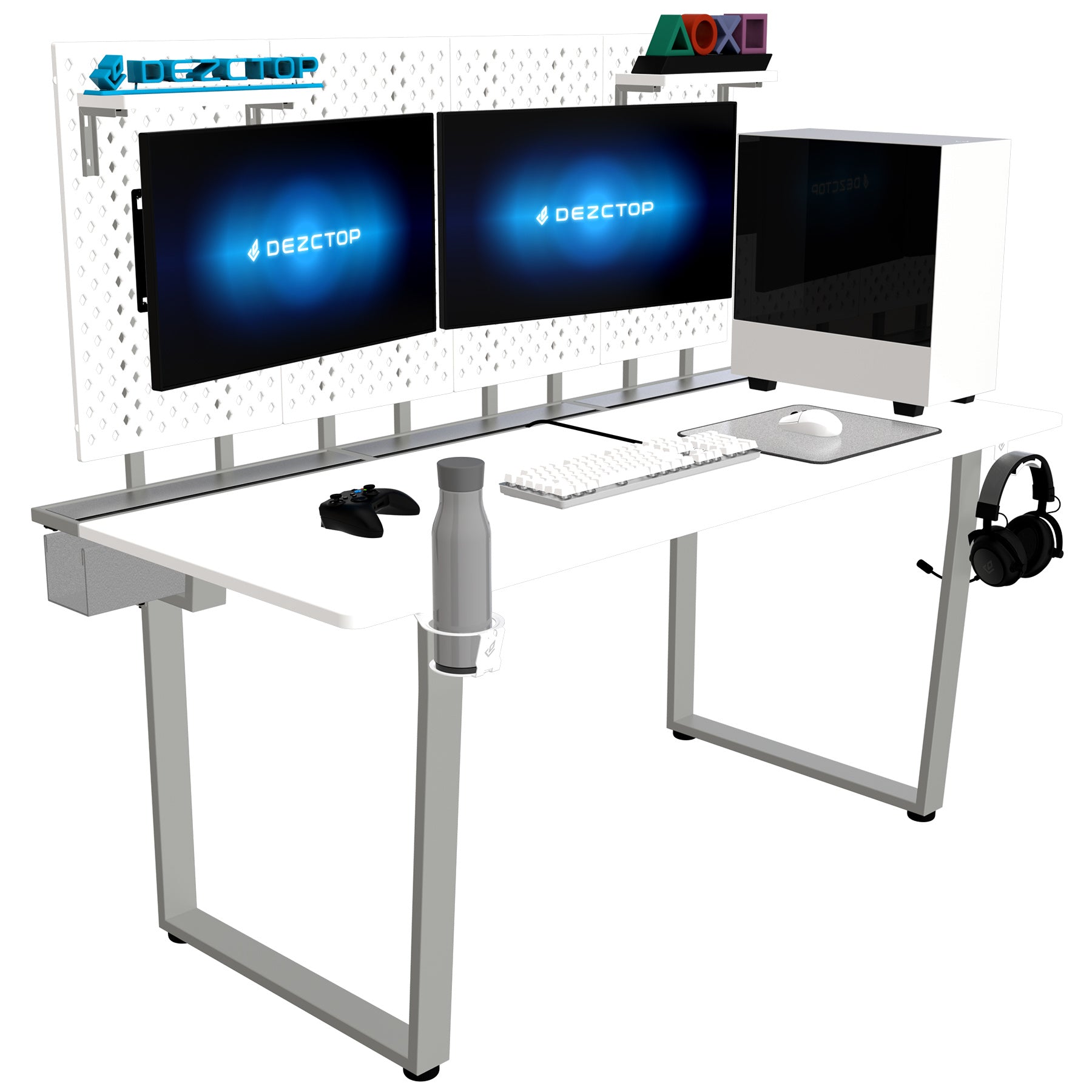 DEZCTOP Bifrost 160 63W x 28D Gaming PC Computer Desk with Shelves;  Large Workstation for Gamers or Home Office with Pegboard;  Built-in Cable Management;  Stainless Steel Frame