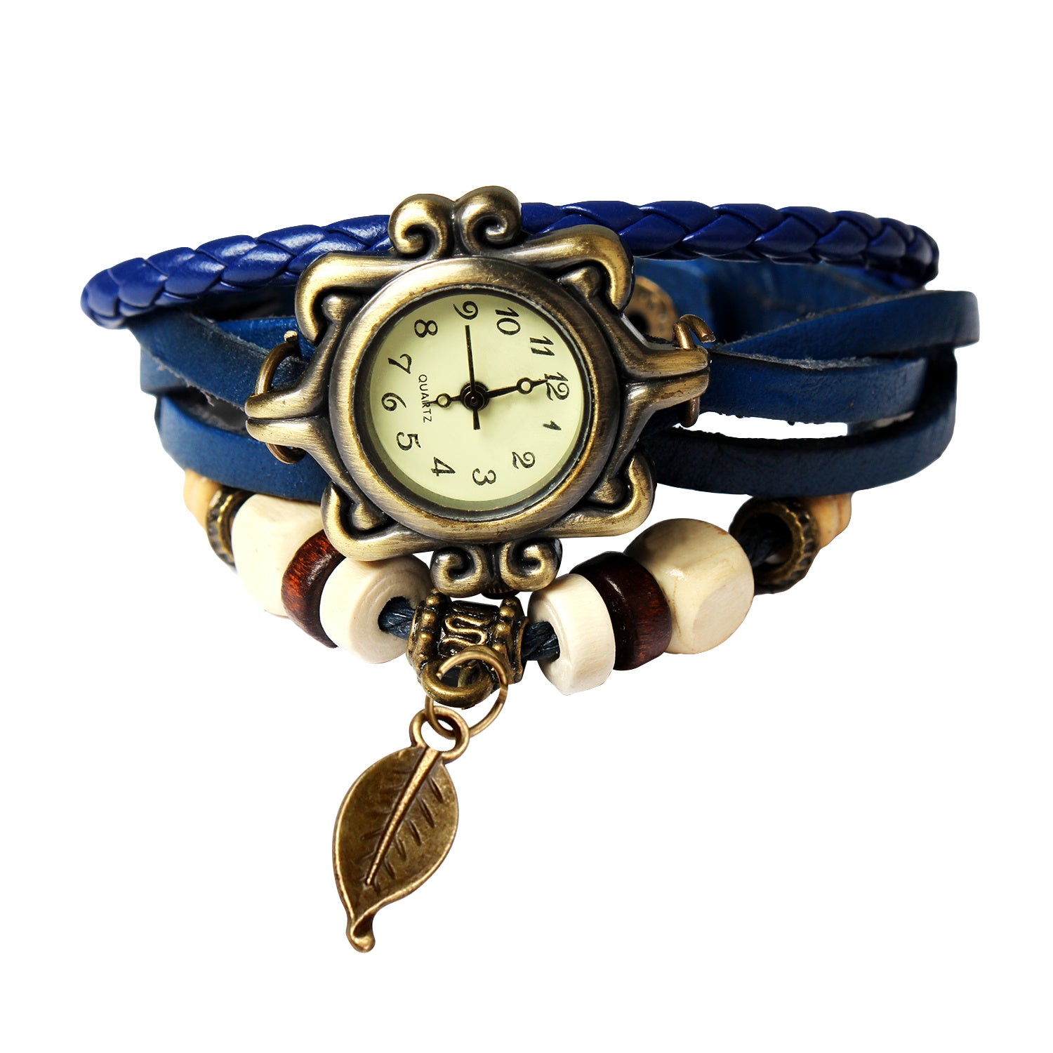 Beautiful Bohemian Style Retro Handmade Leather Tree Leaf Women's Watches Blue