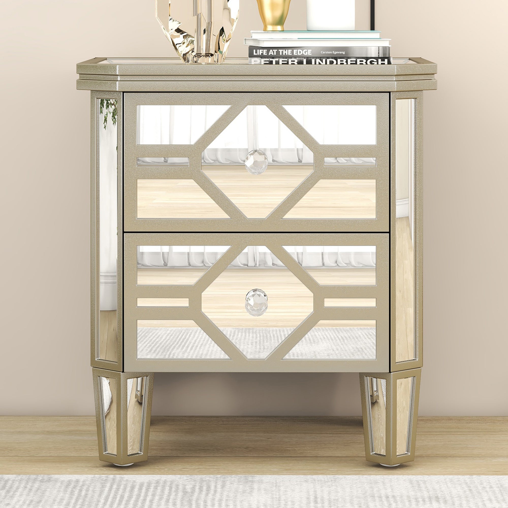 Elegant Mirrored 2-Drawer Side Table with Golden Lines for Living Room, Hallway, Entryway