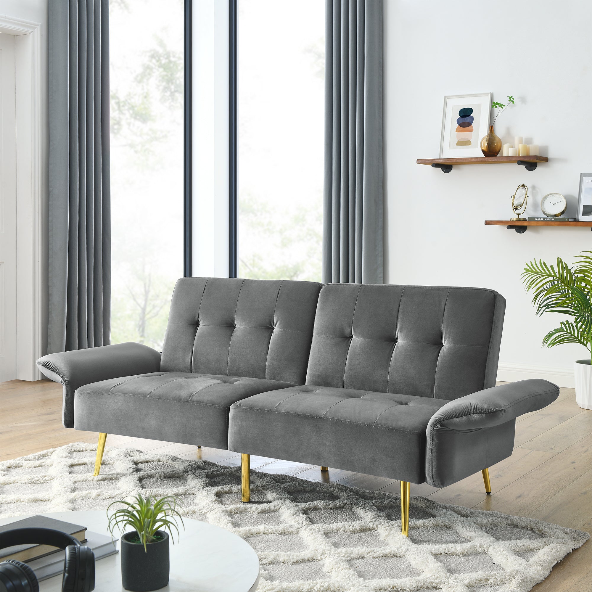 78" Italian Velvet Futon Sofa Bed, Convertible Sleeper Loveseat Couch with Folded Armrests and Storage Bags for Living Room and Small Space, Grey 280g velvet