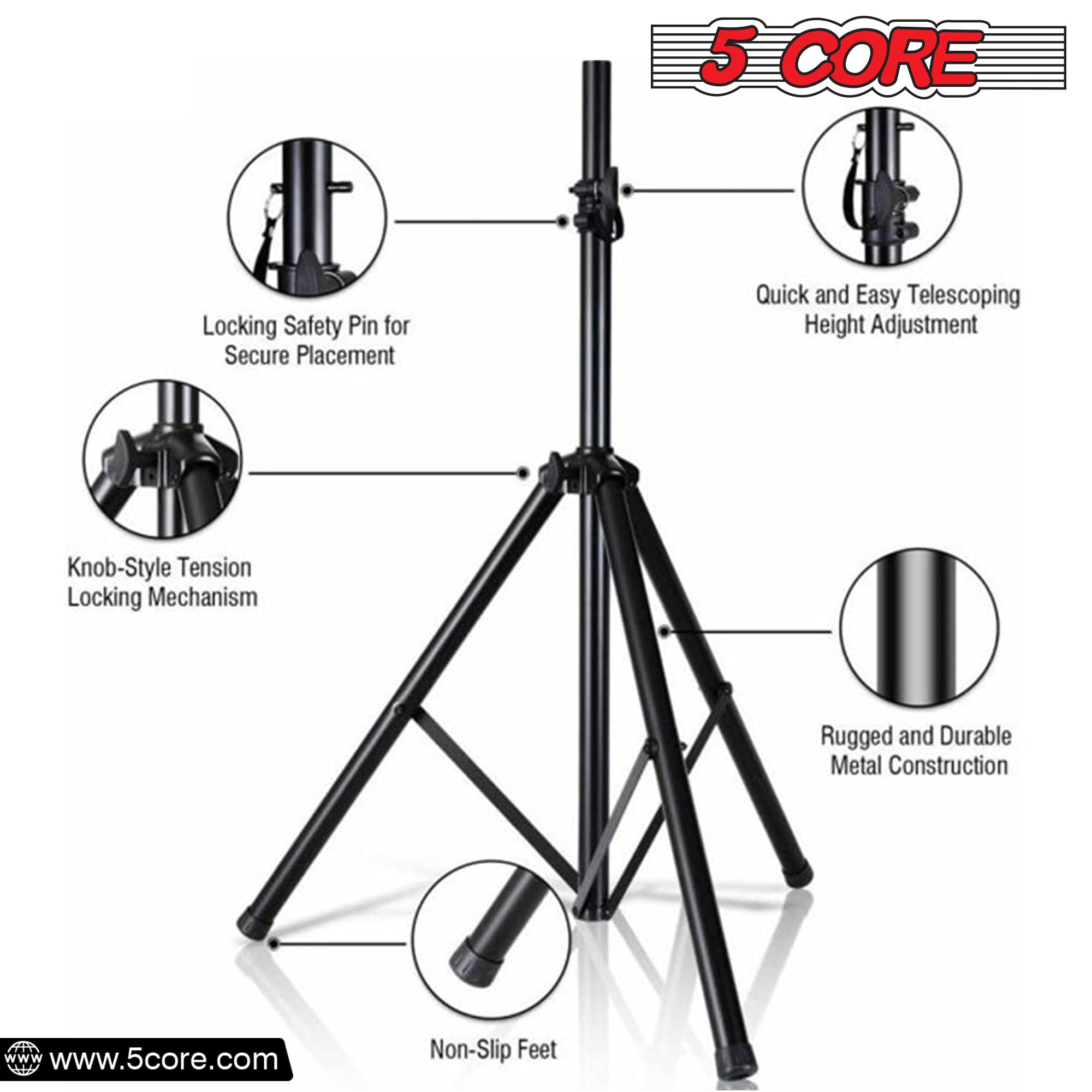 5 Core 2 Pieces Black Heavy Duty Height Adjustable 40 to 72 inches Tripod PA Monitor Holder for Large Speaker Stands 132lbs DJ Stand para Bocinas Incl