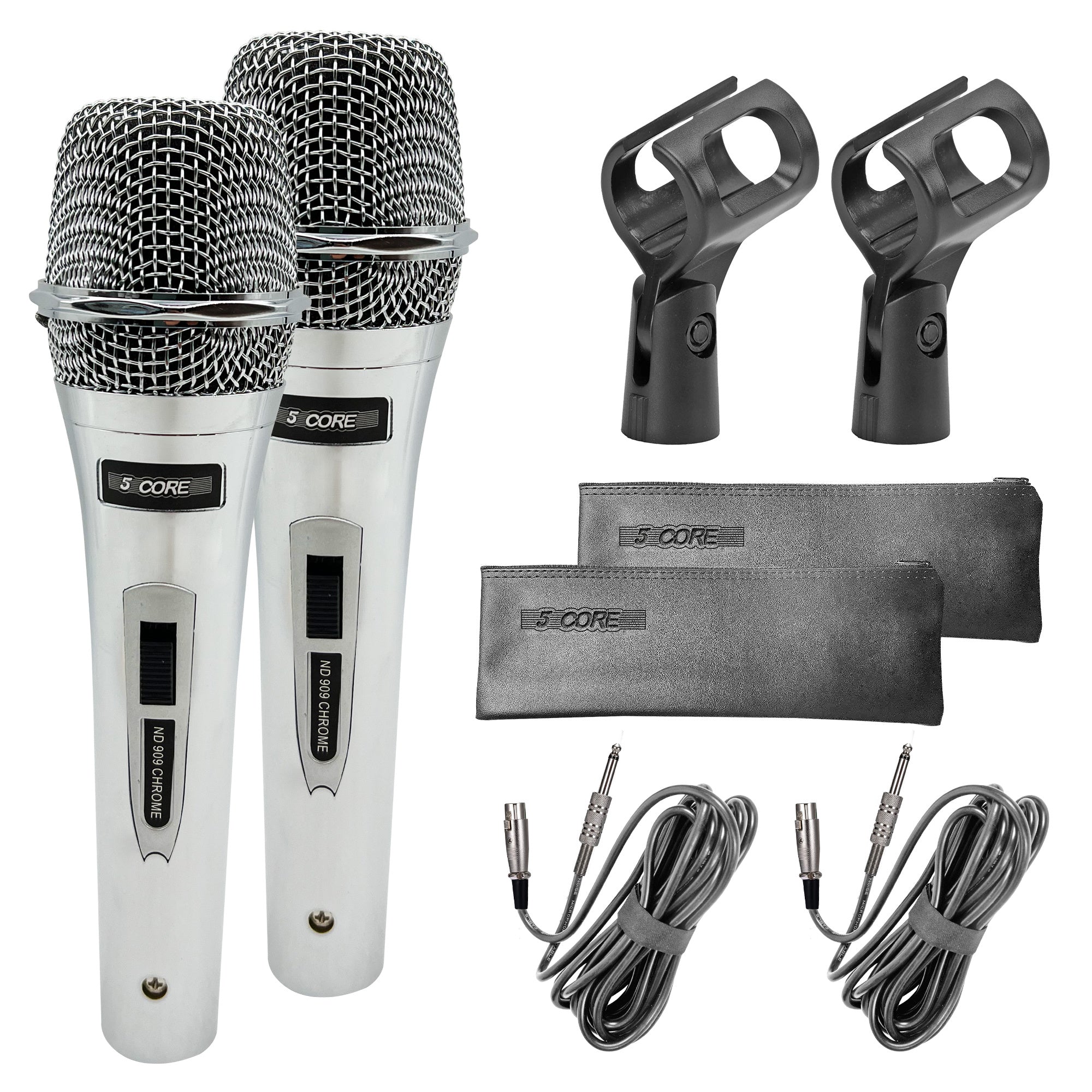 5 Core Handheld Wired Microphone Premium Dynamic Neodymium Unidirectional Mic Mesh Grille Metal Body ON/Off Switch 16ft Detachable Cable for Singing Speech Karaoke with Clip + Bag- ND 909 Chrome