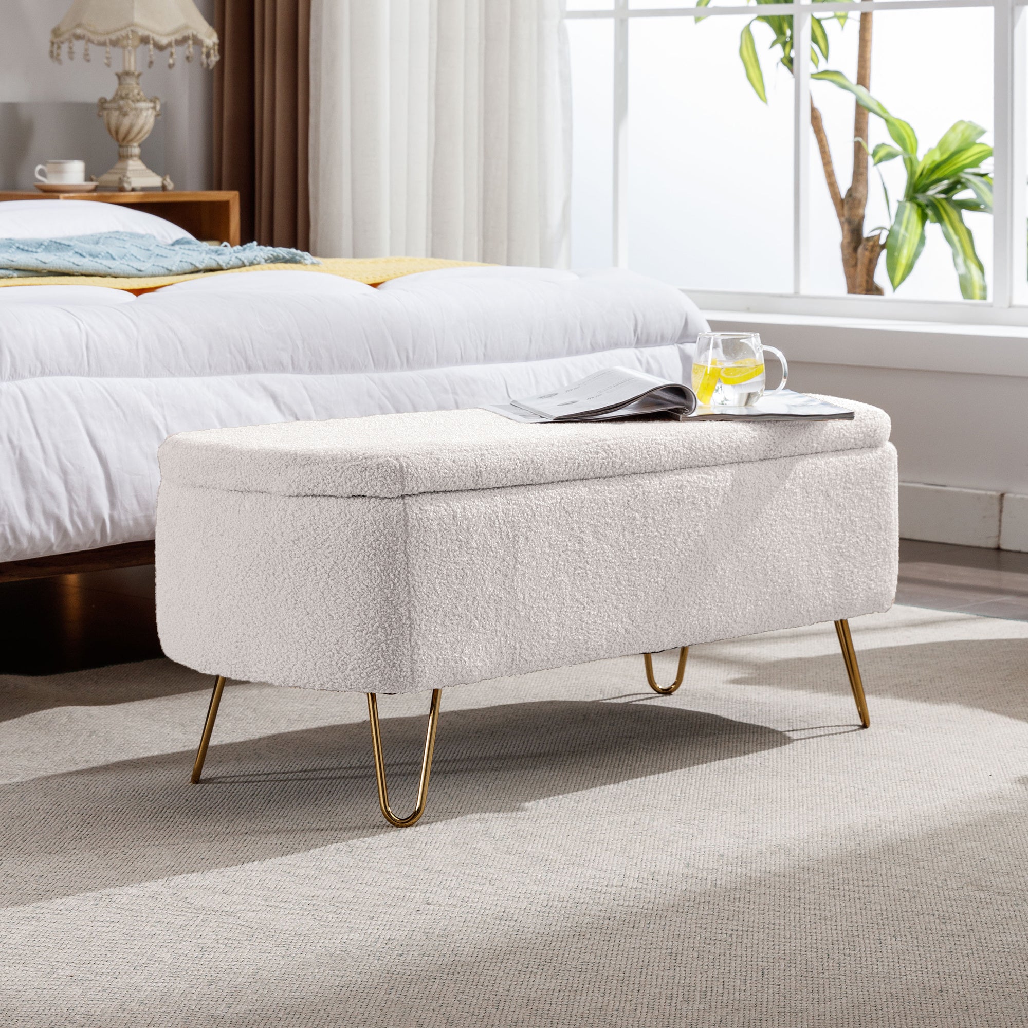 Ivory White Storage Ottoman Bench for End of Bed Gold Legs, Modern Ivory White Faux Fur Entryway Bench Upholstered Padded with Storage for Living Room Bedroom