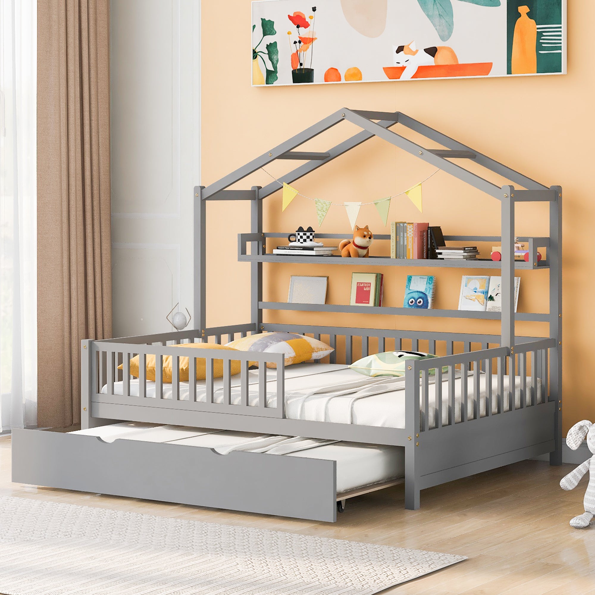 Wooden Full Size House Bed with Twin Size Trundle,Kids Bed with Shelf, Gray