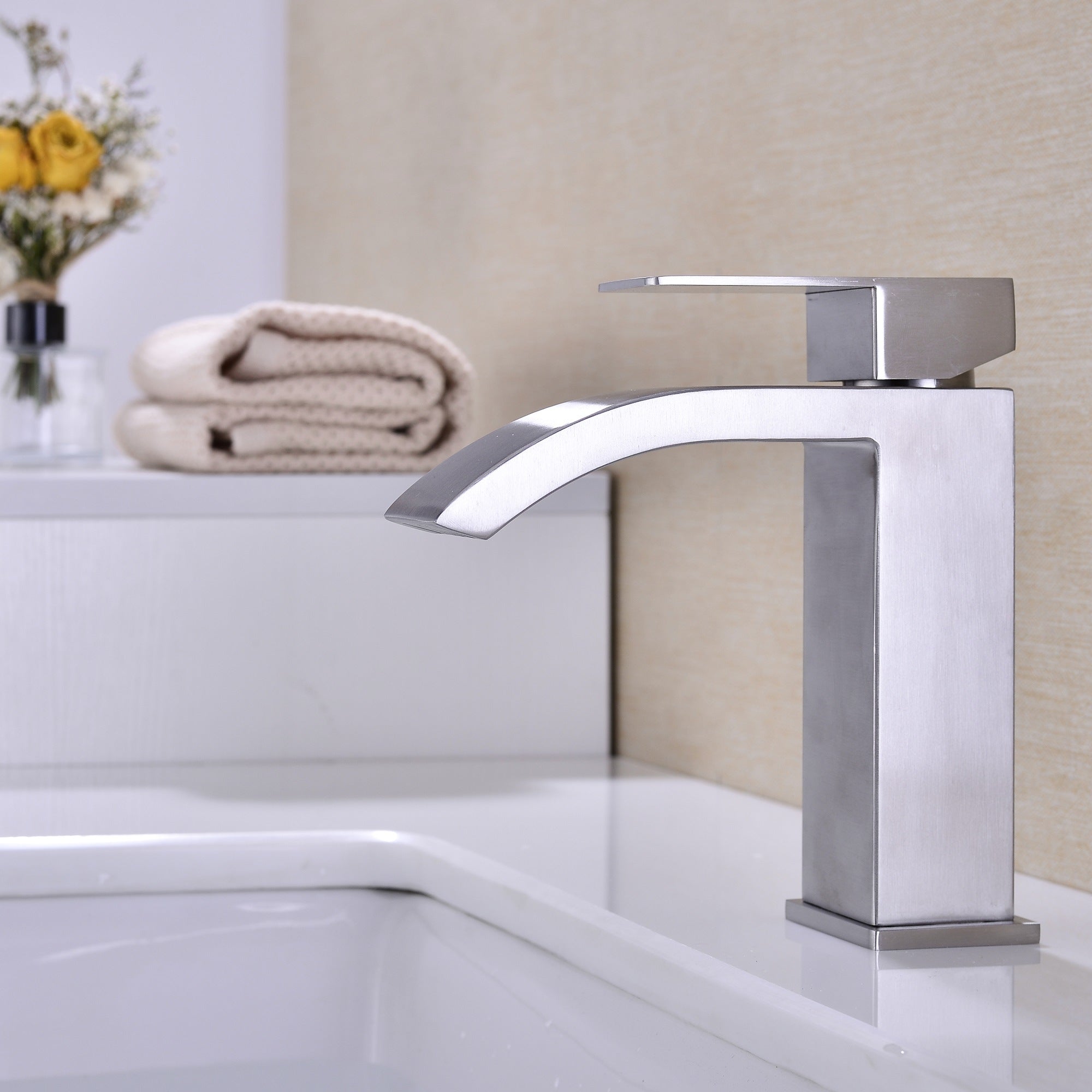 Single Handle Waterfall Bathroom Vanity Sink Faucet with Extra Large Rectangular Spout, Brushed Nickel