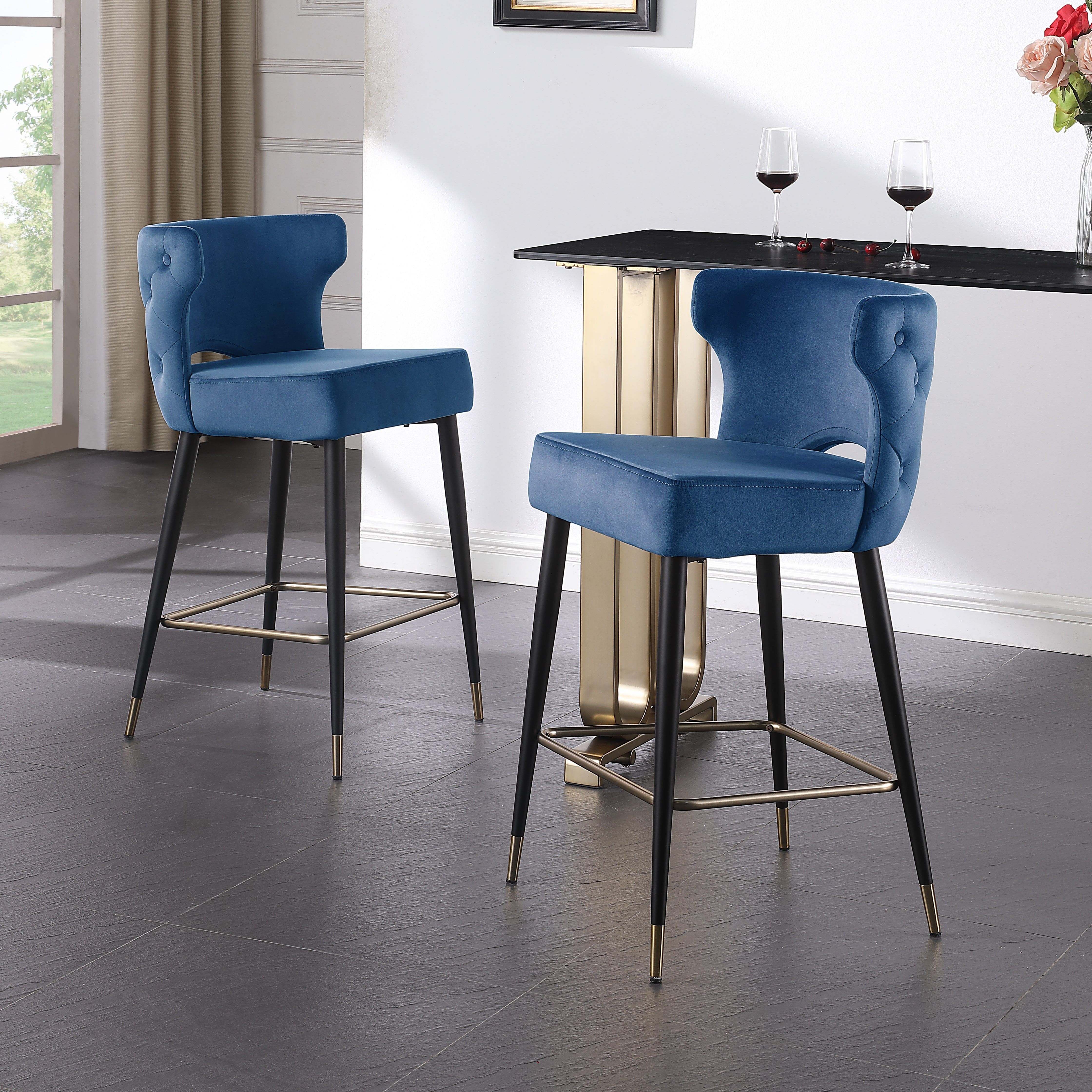 Woker Furniture Contemporary Velvet Upholstered Counter Height Stool with Gold Tipped, Black Metal Legs, 22" W x 19" D x 38.5" H, Blue