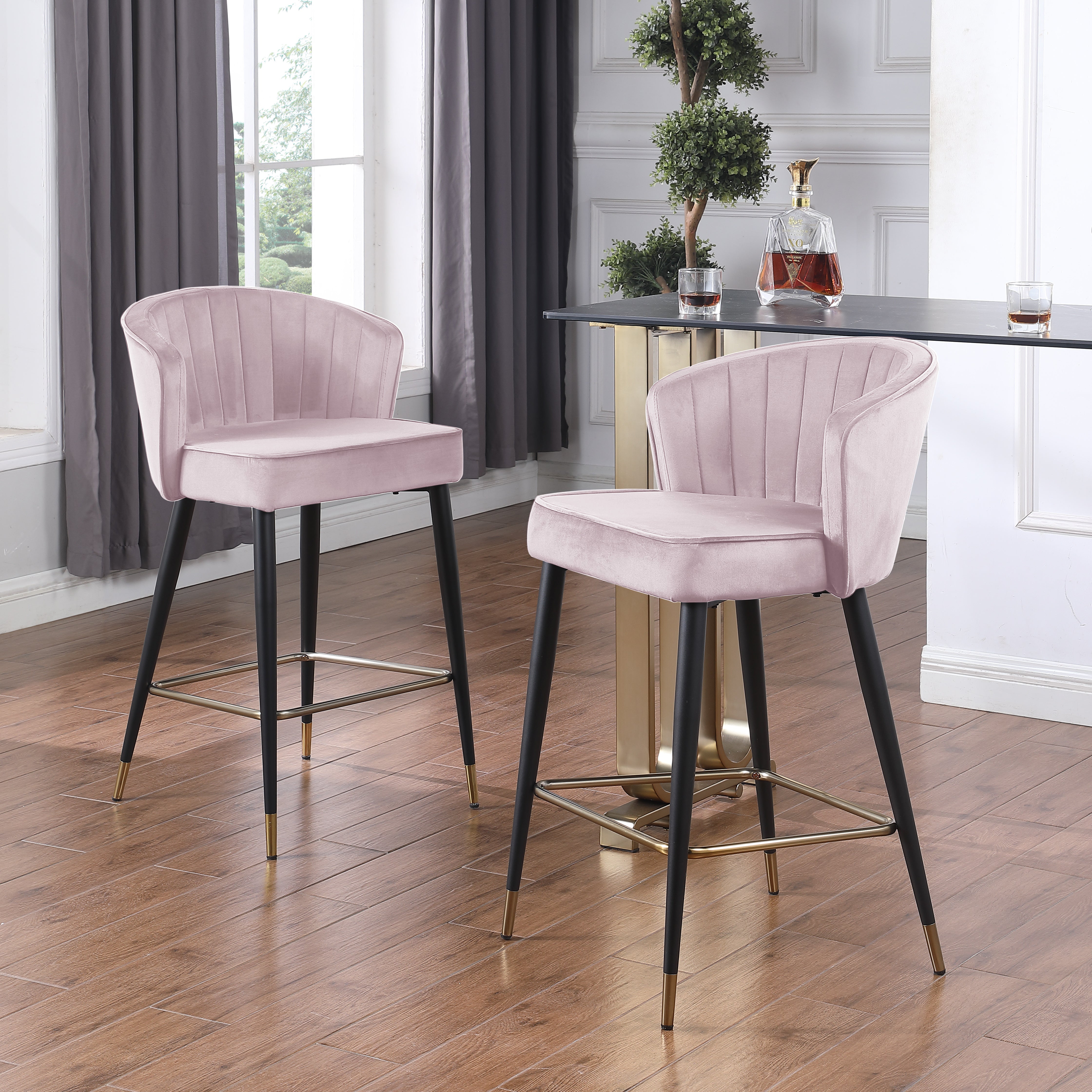 Contemporary Velvet Upholstered Counter Height Stool with Deep Channel Tufting and Gold Tipped, Black Metal Legs, 20" W x 21" D x 36.5" H, Light Pink