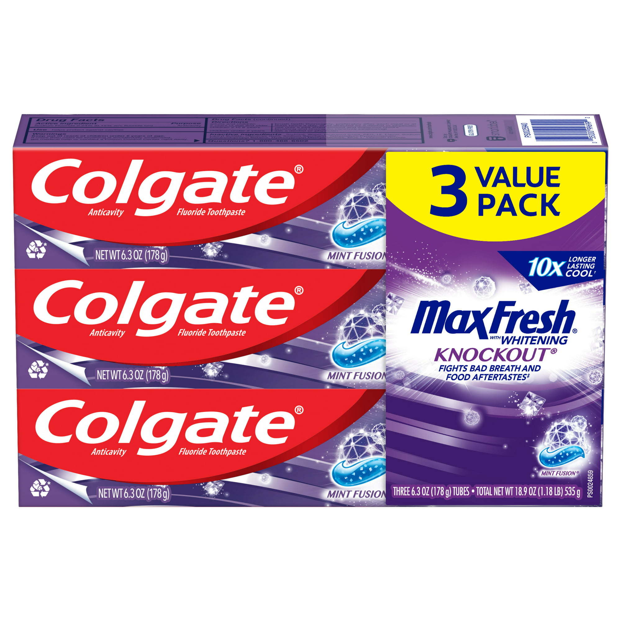 Colgate Max Fresh Knockout Toothpaste;  Mint Fusion;  3 Pack;  6.3 oz Tubes