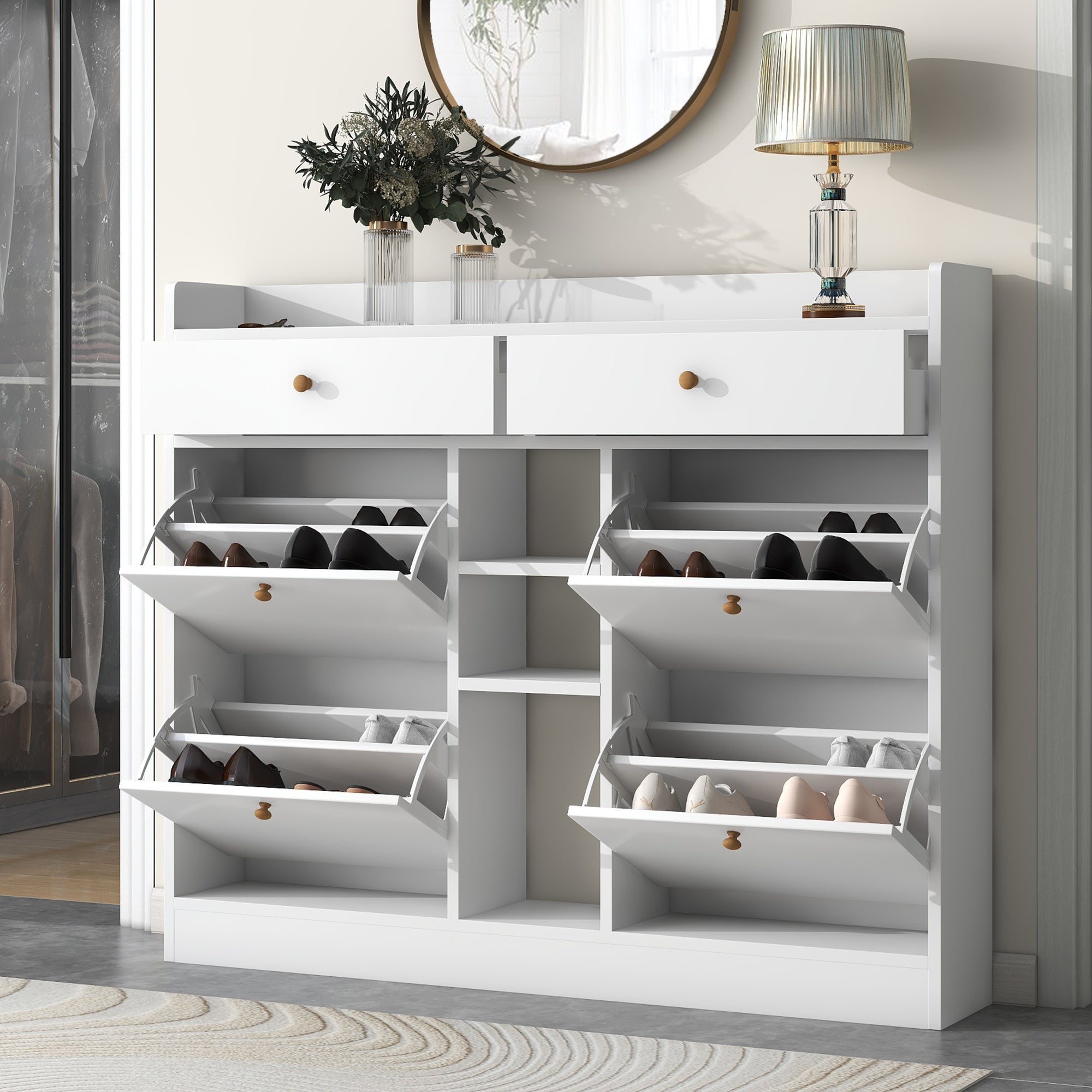 [VIDEO provided] ON-TREND Modern Shoe Cabinet with 4 Flip Drawers, Multifunctional 2-Tier Shoe Storage Organizer with Drawers, Free Standing Shoe Rack for Entrance Hallway, White.