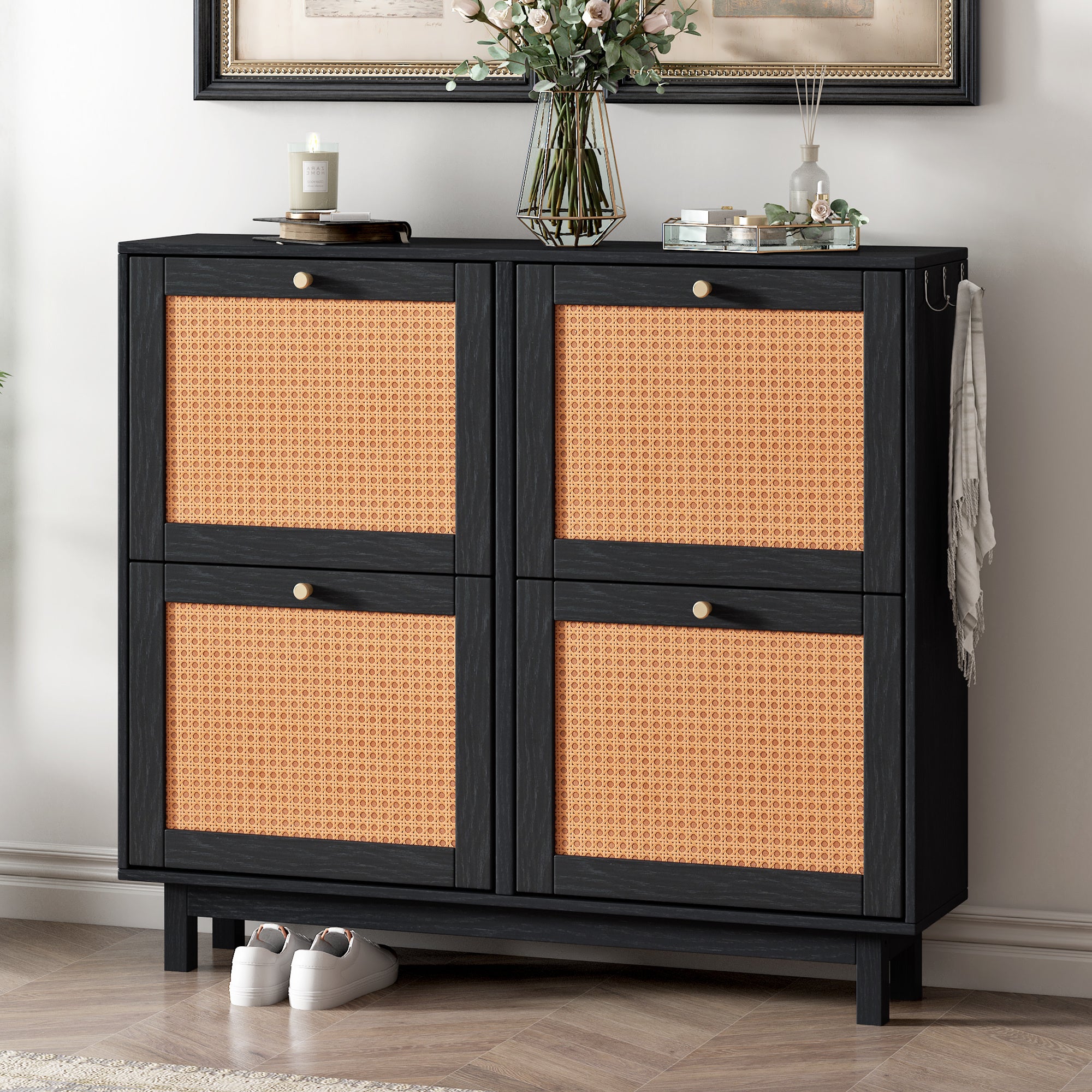 ON-TREND Rattan Boho Style Shoe Cabinet with 4 Flip Drawers, Modern 2-Tier Shoe Storage Organizer with Large Space, Free Standing Shoe Rack for Entrance Hallway, Black