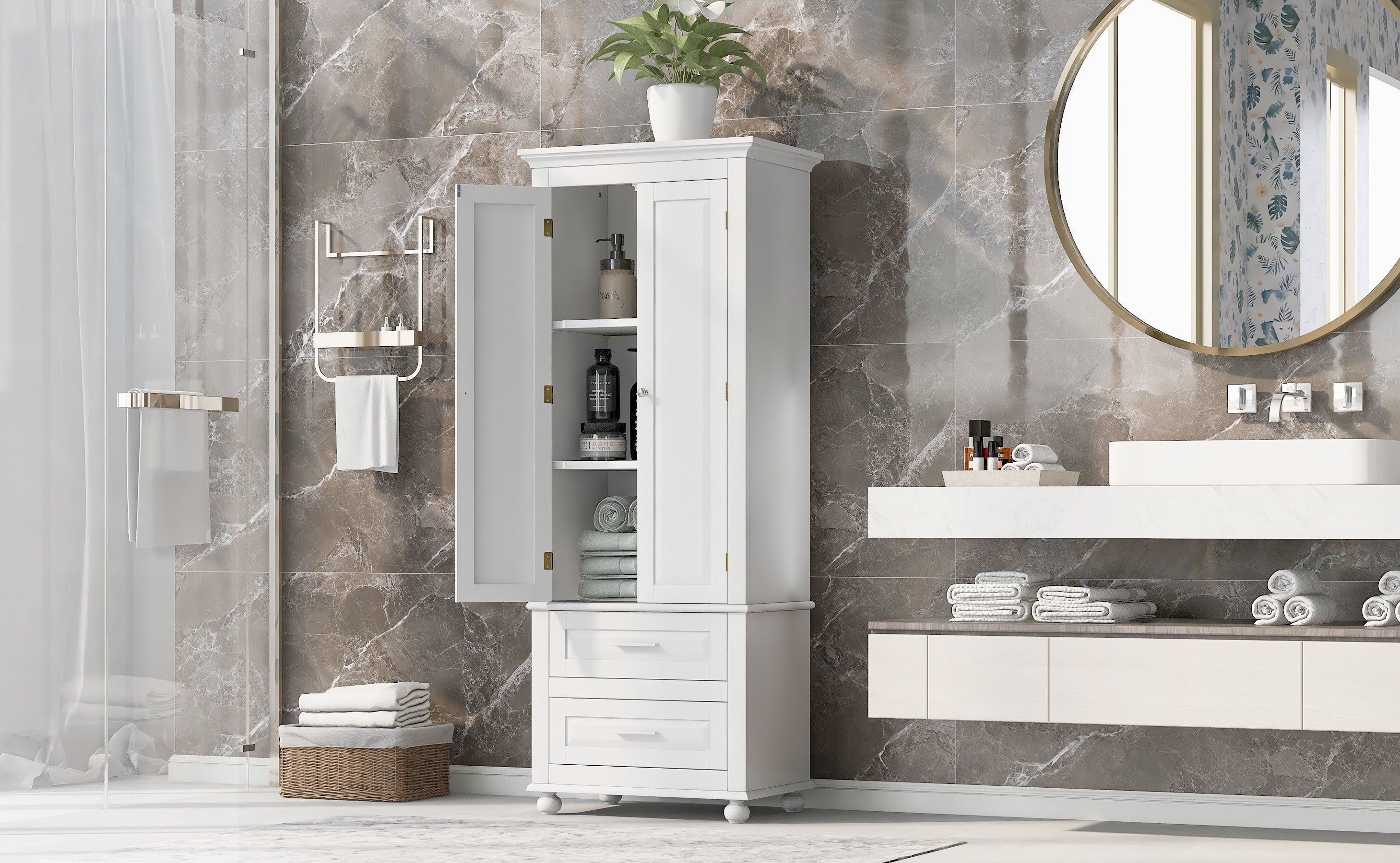 Tall Storage Cabinet with Two Drawers for Bathroom/Office, White