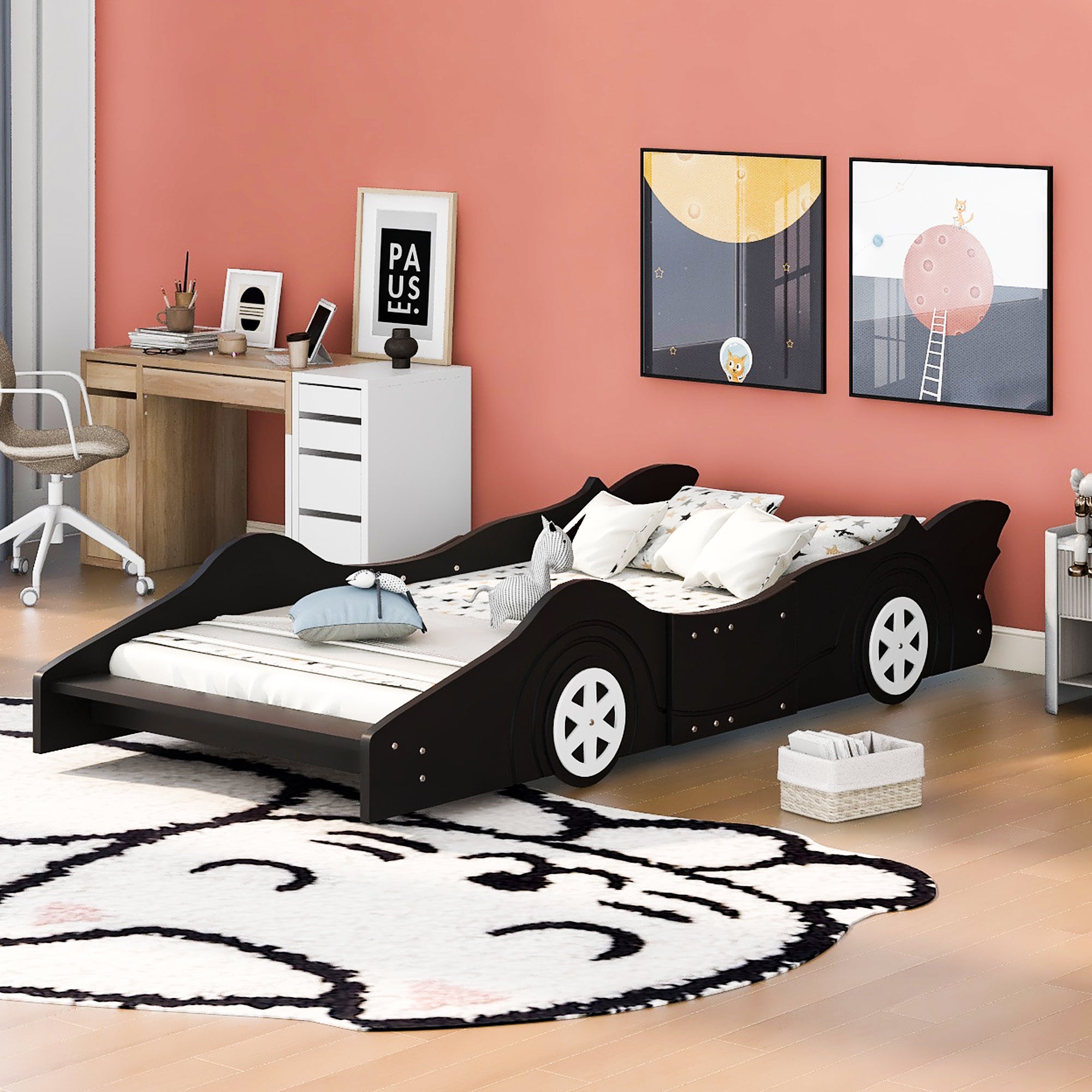 Twin Size Race Car-Shaped Platform Bed with Wheels,Black