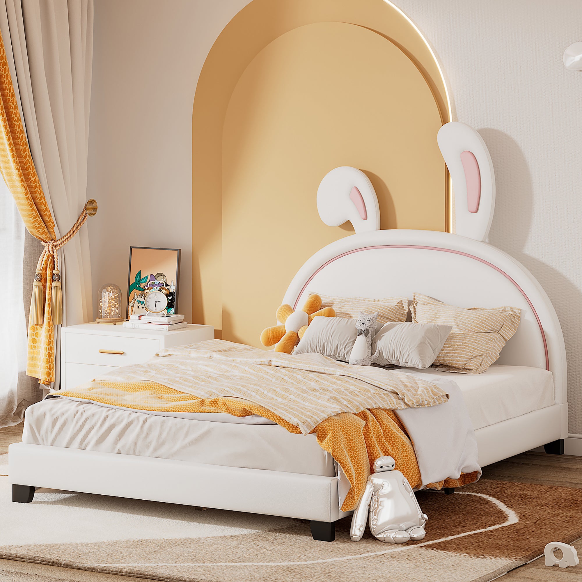 Full Size Upholstered Leather Platform Bed with Rabbit Ornament, White