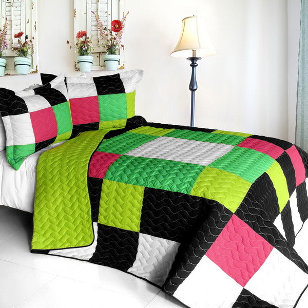 [Jolly Island] 3PC Vermicelli-Quilted Patchwork Quilt Set (Full/Queen Size)