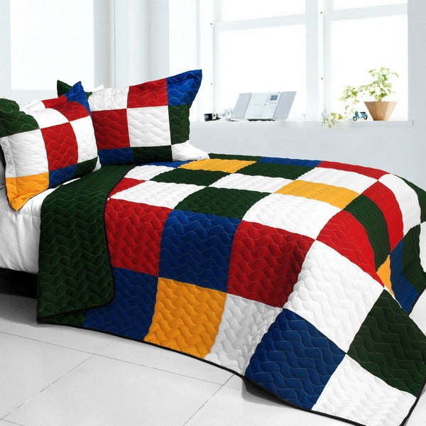 [Funny Magic Cube] 3PC Vermicelli-Quilted Patchwork Quilt Set (Full/Queen Size)