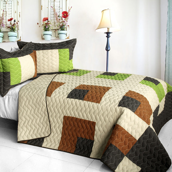 [Initial Dream] 3PC Vermicelli - Quilted Patchwork Quilt Set (Full/Queen Size)