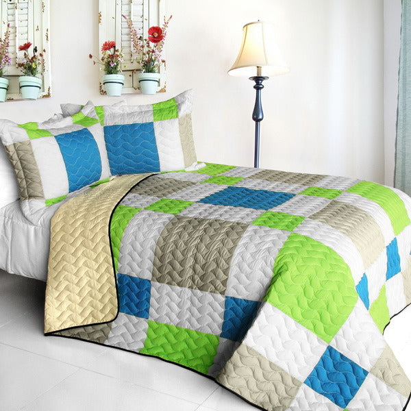 [Happiness Field] 3PC Vermicelli-Quilted Patchwork Quilt Set (Full/Queen Size)