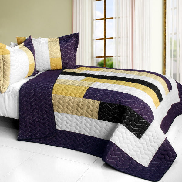 [Morning Glory] 3PC Vermicelli-Quilted Patchwork Quilt Set (Full/Queen Size)