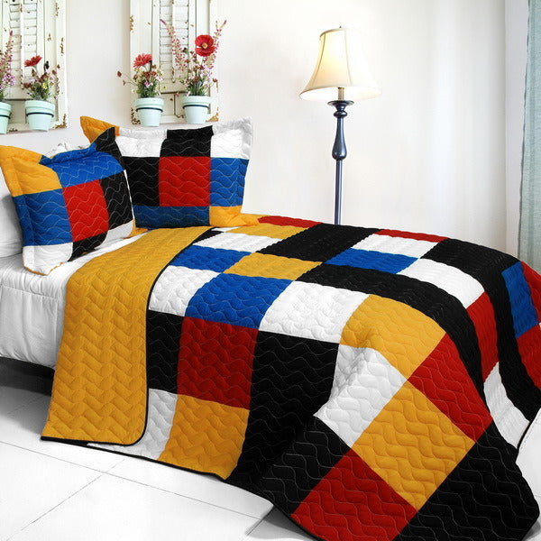 [Poker?King] 3PC Vermicelli-Quilted Patchwork Quilt Set (Full/Queen Size)