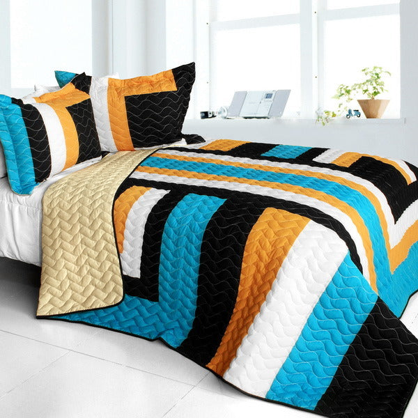 [Drive Till Dawn] 3PC Vermicelli-Quilted Patchwork Quilt Set (Full/Queen Size)