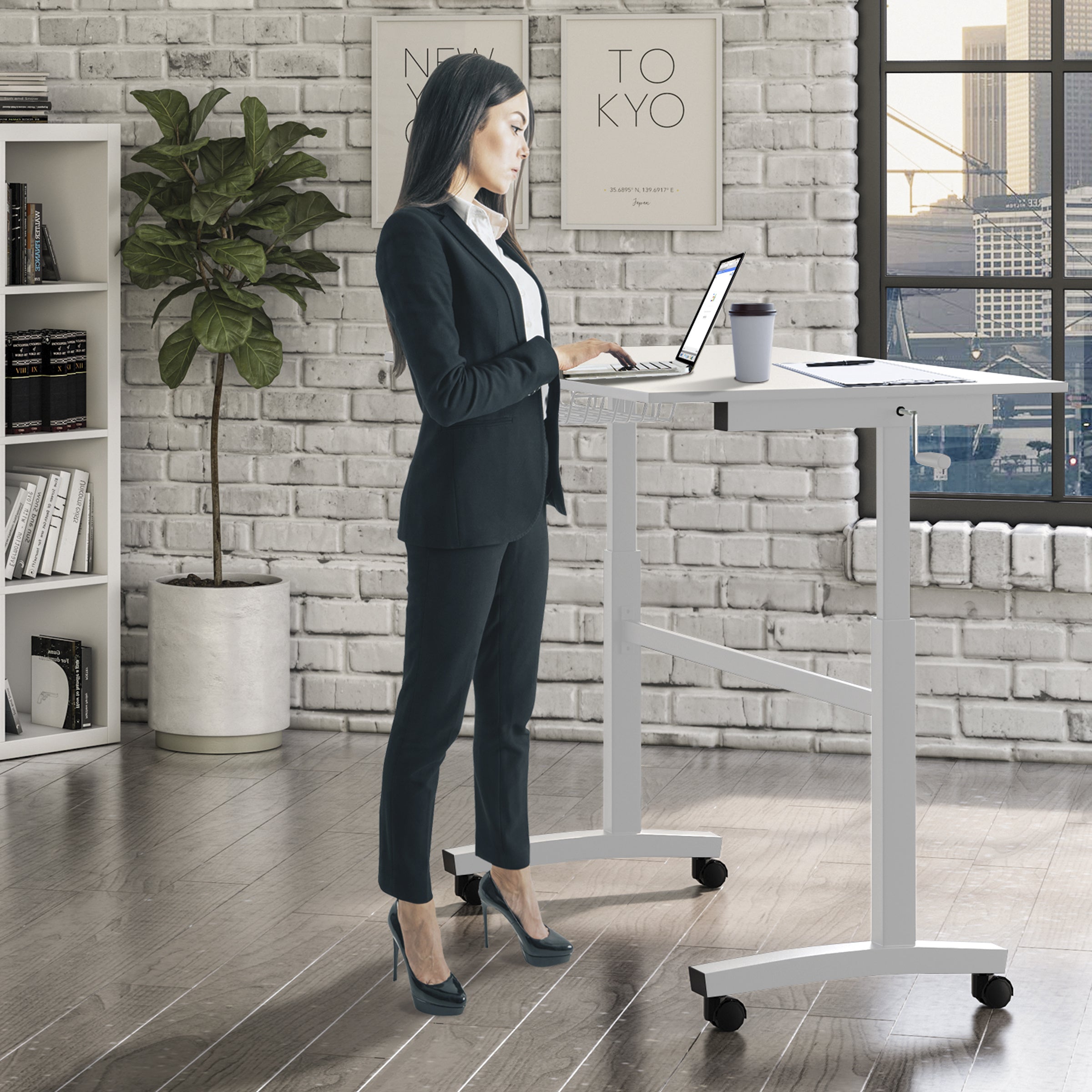 Atlantic Sit Stand Desk with Casters - White (Height Adjustable) with side crank (switchable either side, left or right side crank)