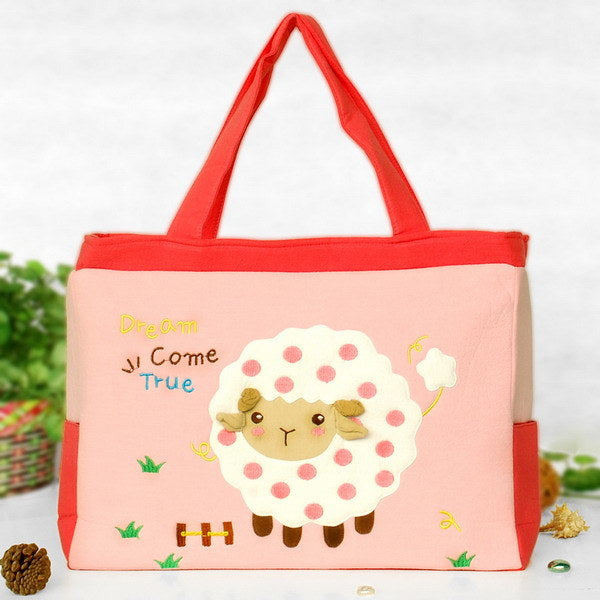 [Cute Sheep] Embroidered Applique Fabric Art Shoulder Tote Bag / Shopper Bag (14.7*9.8*3.7)