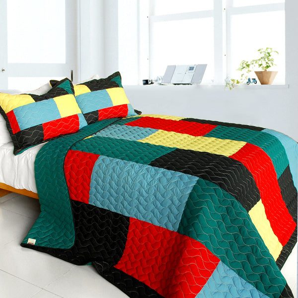 [Rain Season] 3PC Vermicelli-Quilted Patchwork Quilt Set (Full/Queen Size)