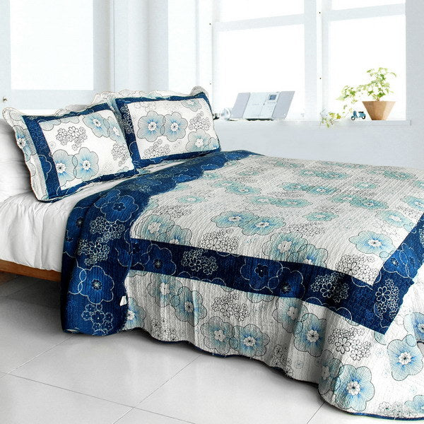 [Shibumi] Cotton 3PC Vermicelli-Quilted Floral Patchwork Quilt Set (Full/Queen Size)