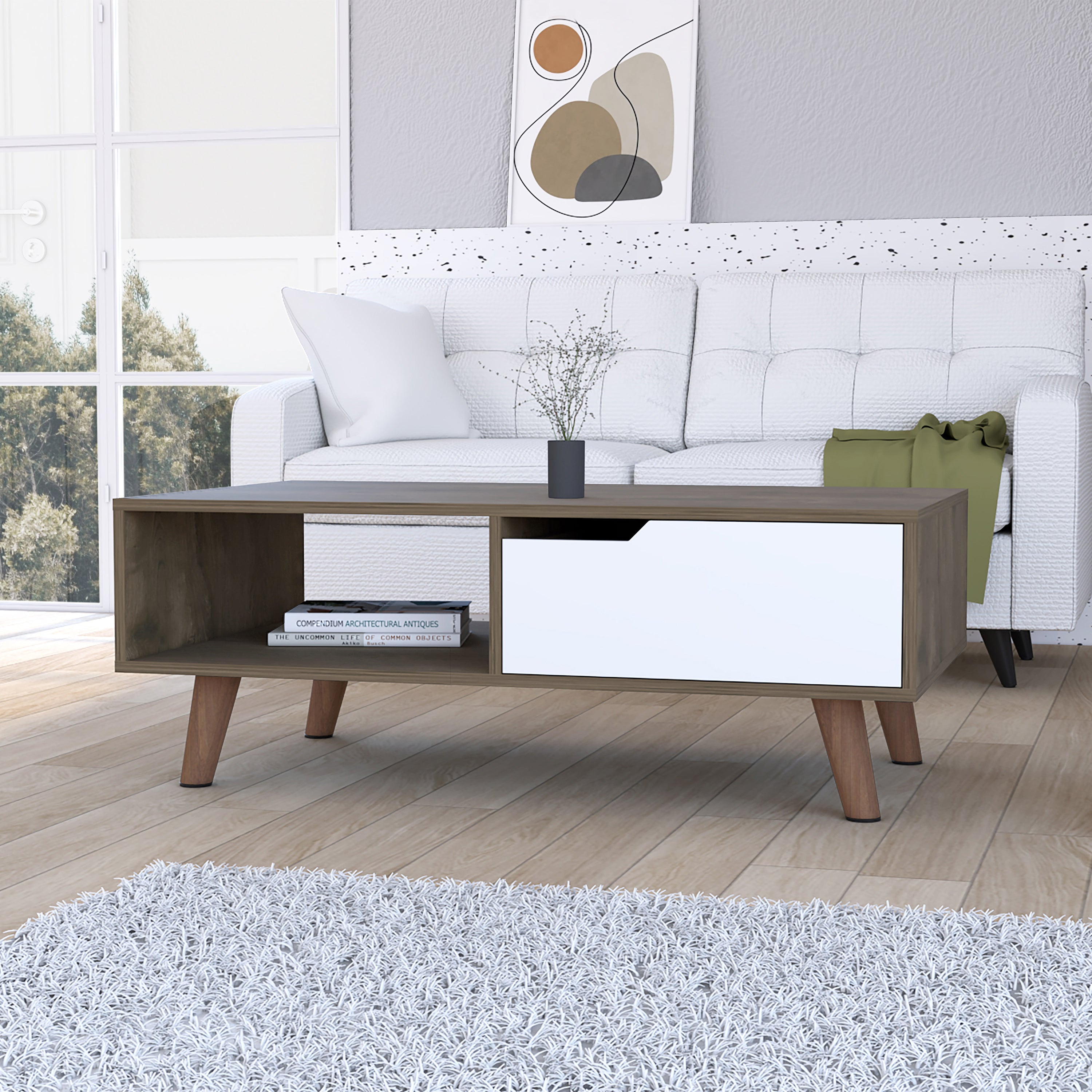 New Haven 1-Drawer 1-Shelf Rectangle Coffee Table Dark Brown and White