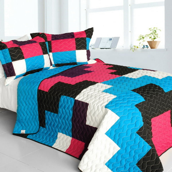 [Gonna Lie] Vermicelli-Quilted Patchwork Geometric Quilt Set Full/Queen