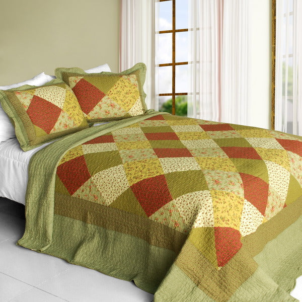 [Green Fields] Cotton 3PC Vermicelli-Quilted Striped Printed Quilt Set (Full/Queen Size)