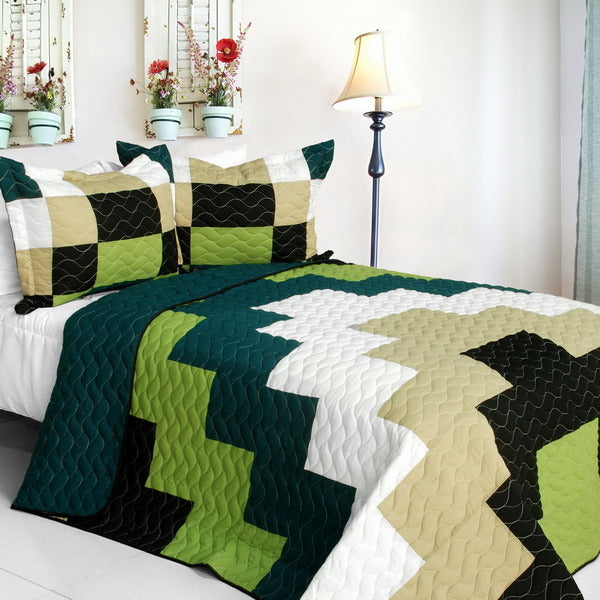 [Rising Girl] Vermicelli-Quilted Patchwork Geometric Quilt Set Full/Queen